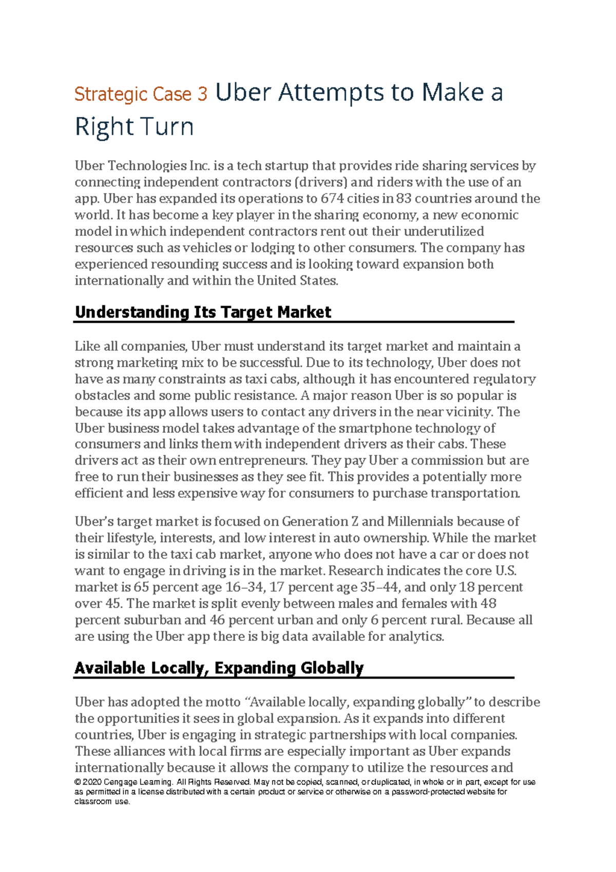Uber case - © 2020 Cengage Learning. All Rights Reserved. May not be ...