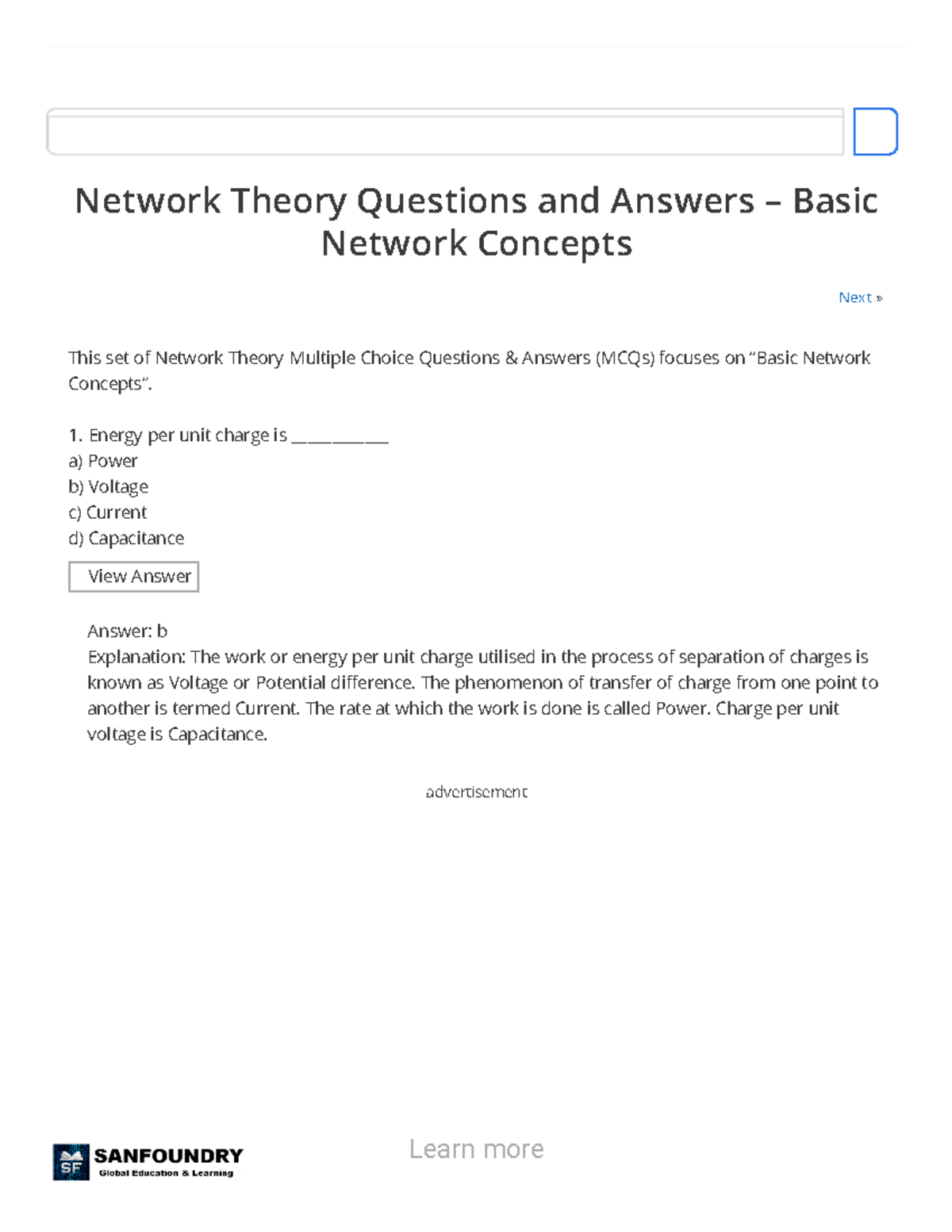 Na1 Lecture notes 1 Next » Network Theory Questions and Answers
