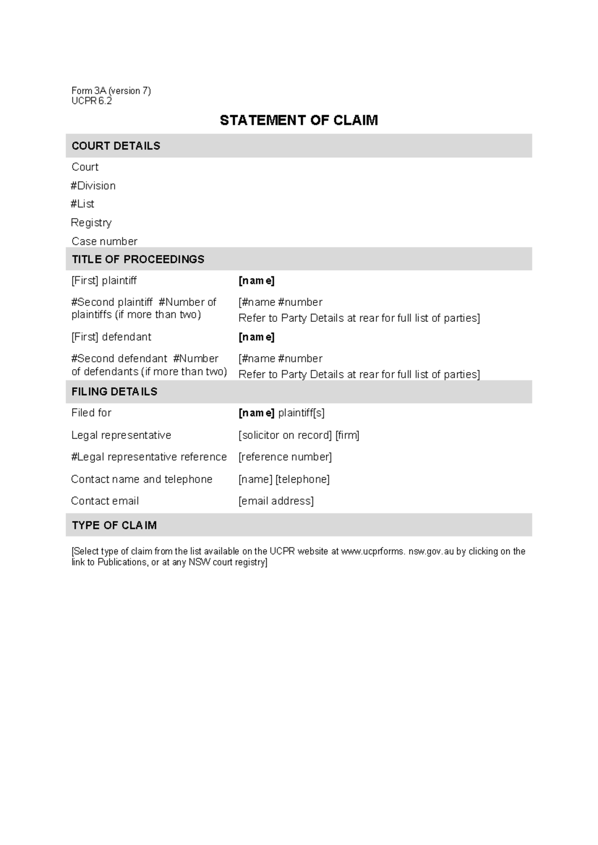 UCPR statement of claim - form 3A v - Form 3A (version 7) UCPR 6 ...