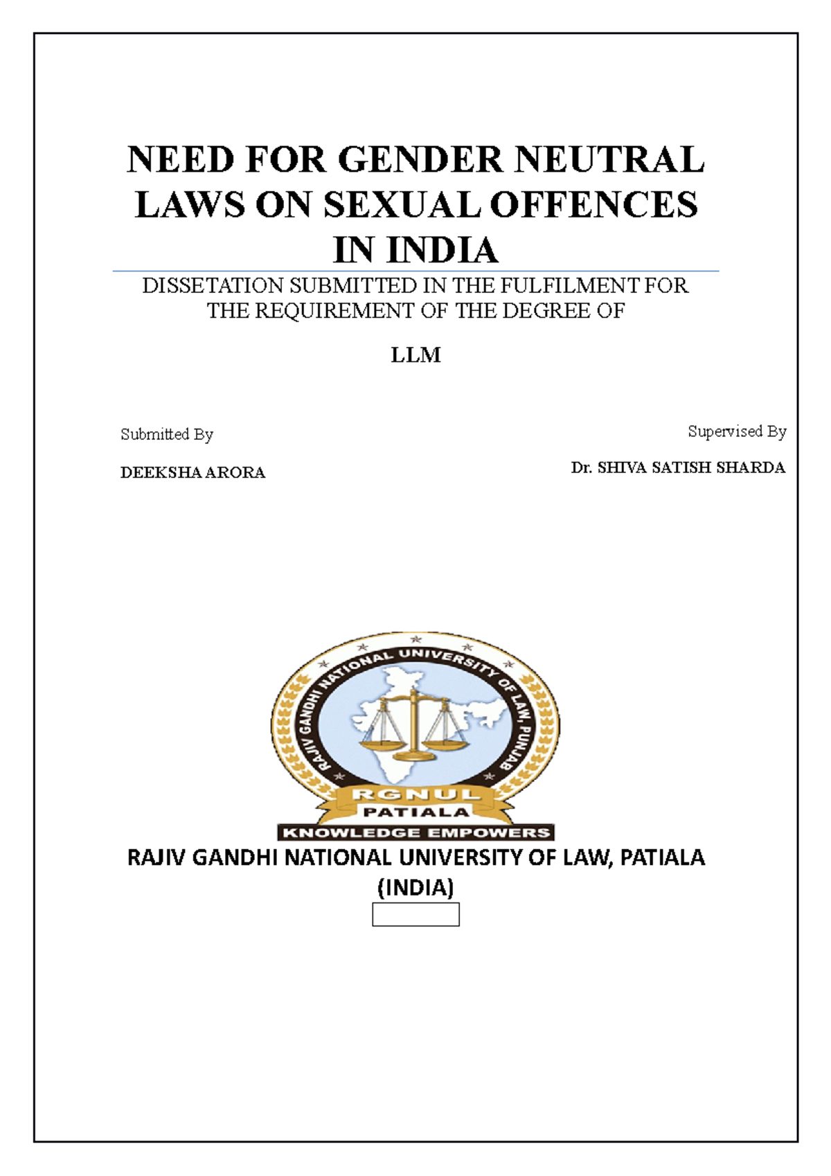 Dissertation Need For Gender Neutral Laws On Sexual Offences Done Need For Gender Neutral