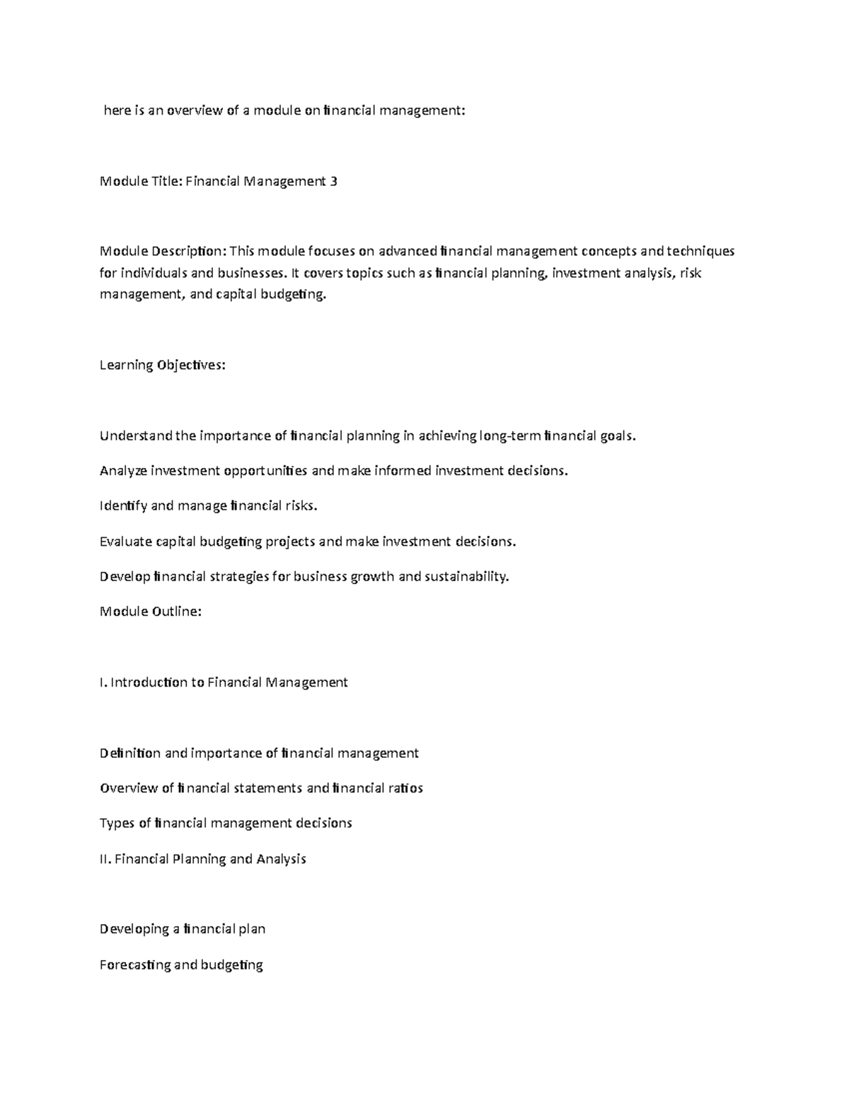 3 - module - here is an overview of a module on financial management ...