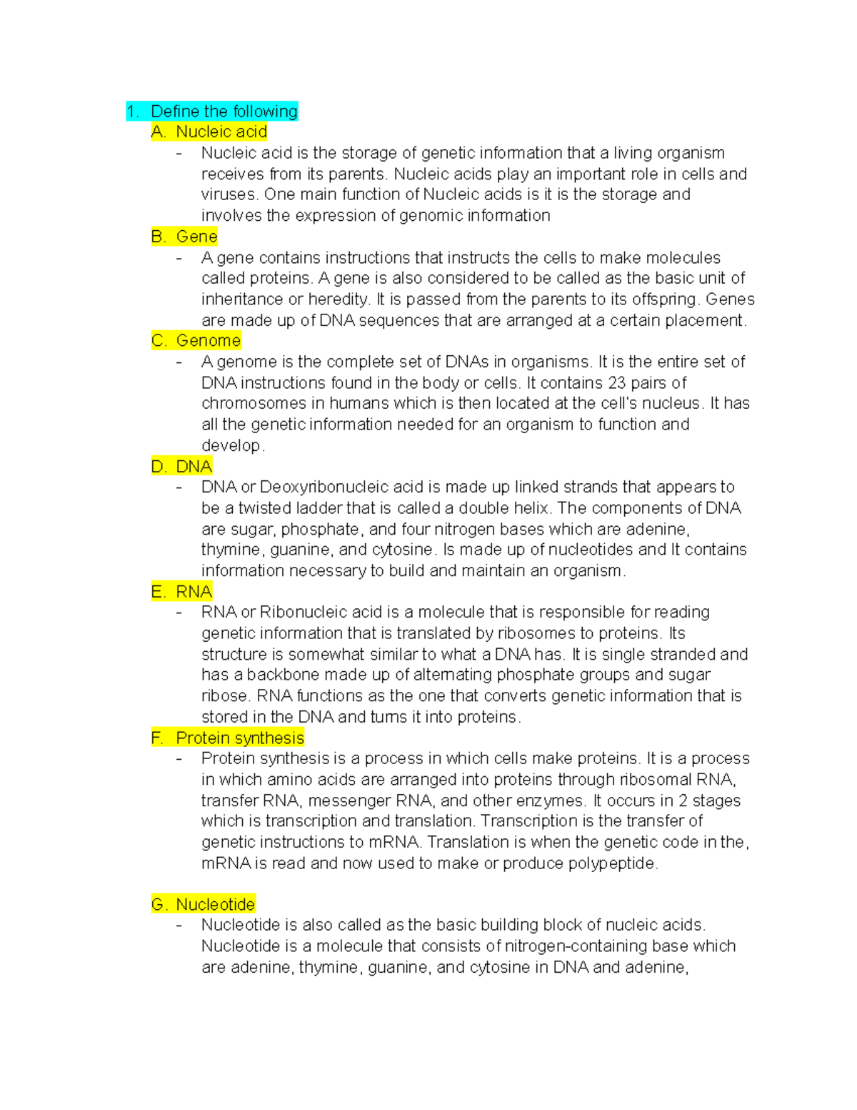 Nucleic acids notes Define the following A. Nucleic acid Nucleic