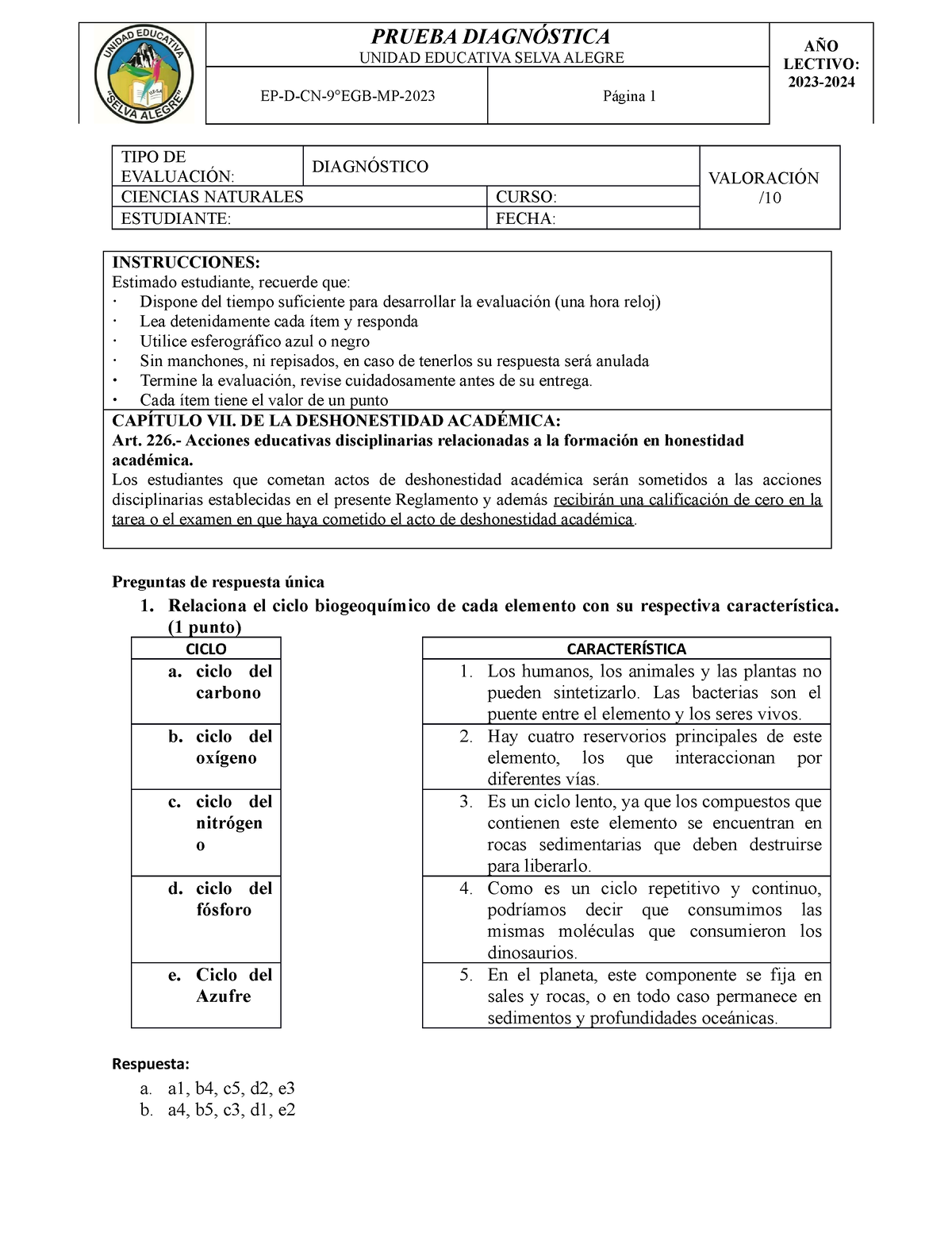 Prueba Diagnóstica 9no Egb Unidad Educativa Selva Alegre AÑo Lectivo 2023 Ep D Cn 9°egb Mp 4870