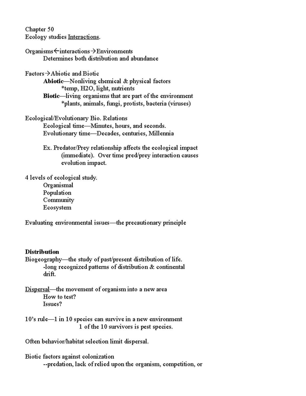 Chapter 50 Main Points - Principles of Biology Notes and Study Guides ...