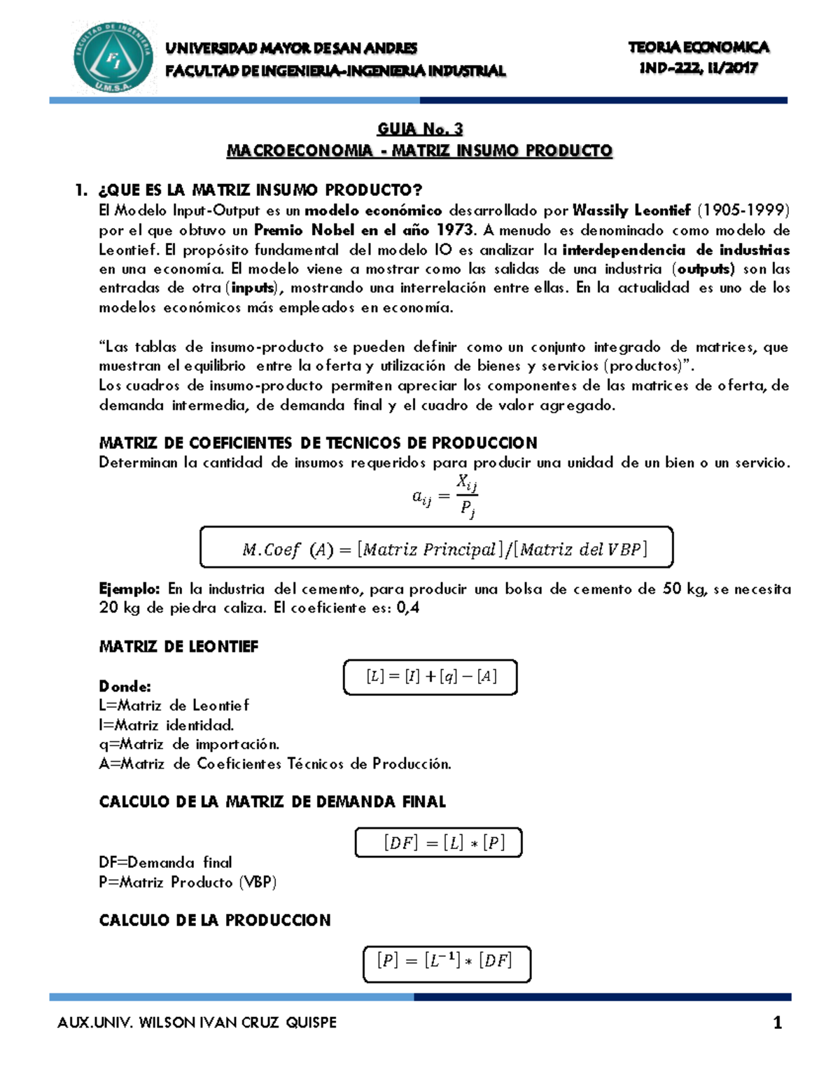 GUIA 3. Matriz Insumo Producto IO - GUIA No. 3 MACROECONOMIA - MATRIZ ...