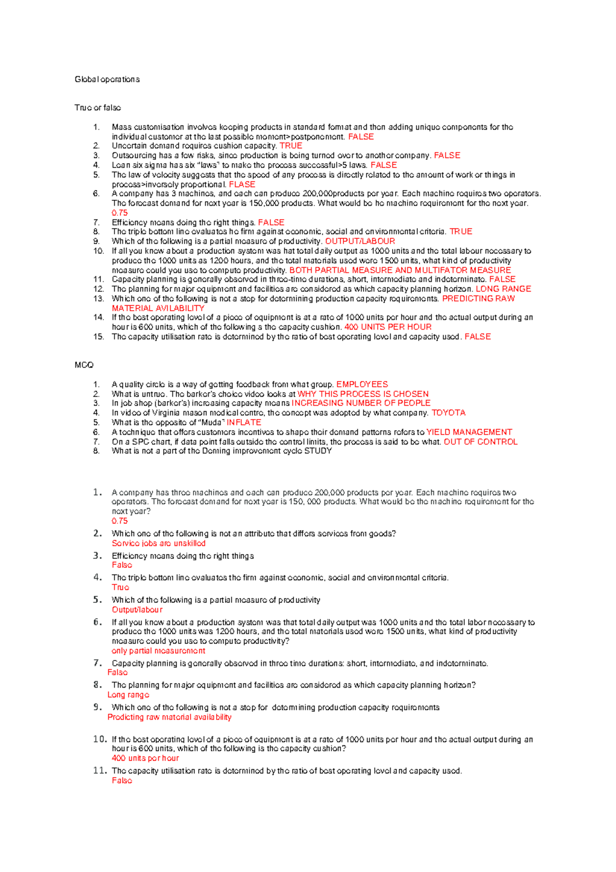 Global operations - notes and revision - Global operations True or ...