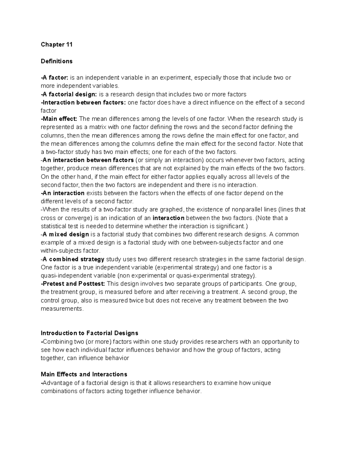 Psyc310 ch11 - notes - Chapter 11 Definitions -A factor: is an ...