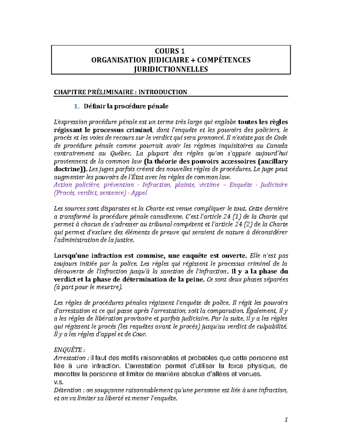 Notes de cours DRT 2500 - COURS 1 ORGANISATION JUDICIAIRE + COMPÉTENCES ...