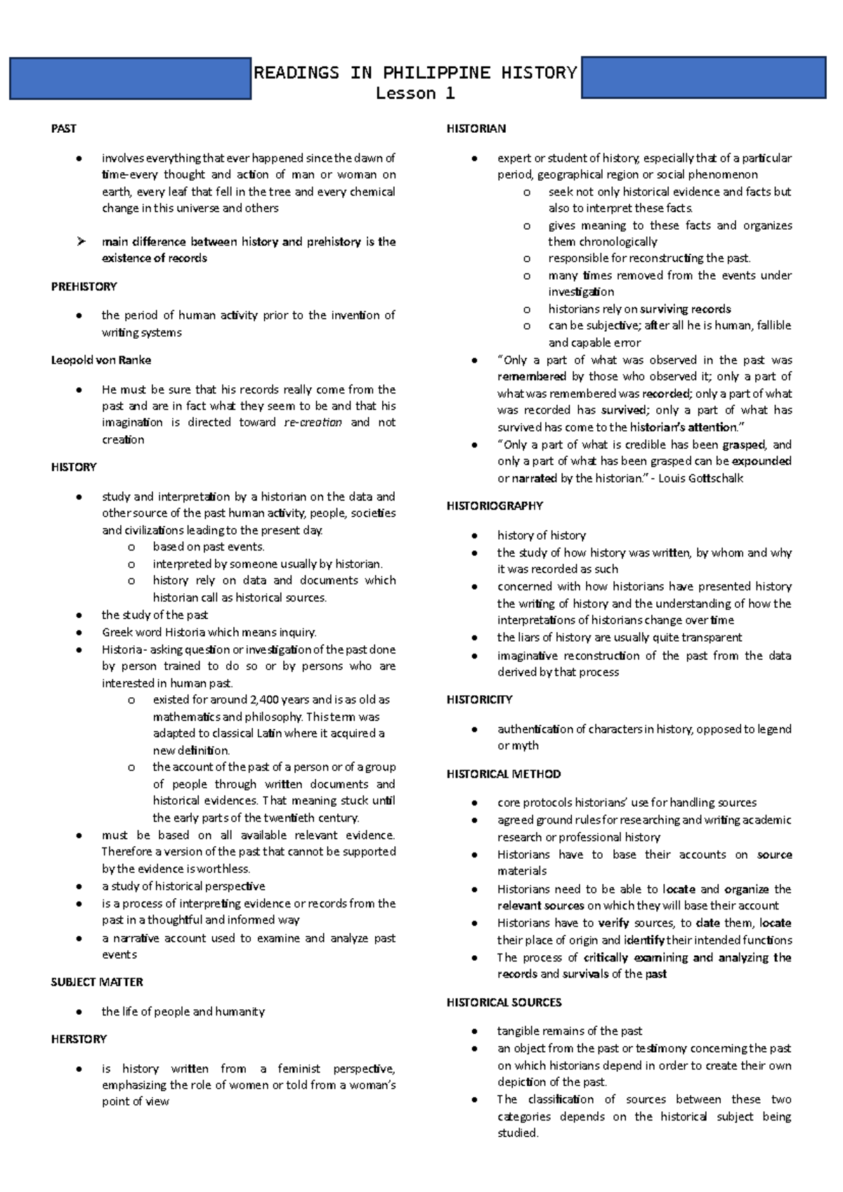 RPH Reviewer Lesson 1 - Some review notes for Readings in Philippine ...