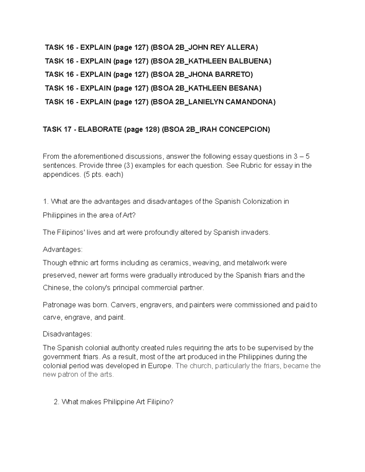 TASK 17 Elaborate (page 128) (BSOA 2B Group 2) TASK 16 EXPLAIN