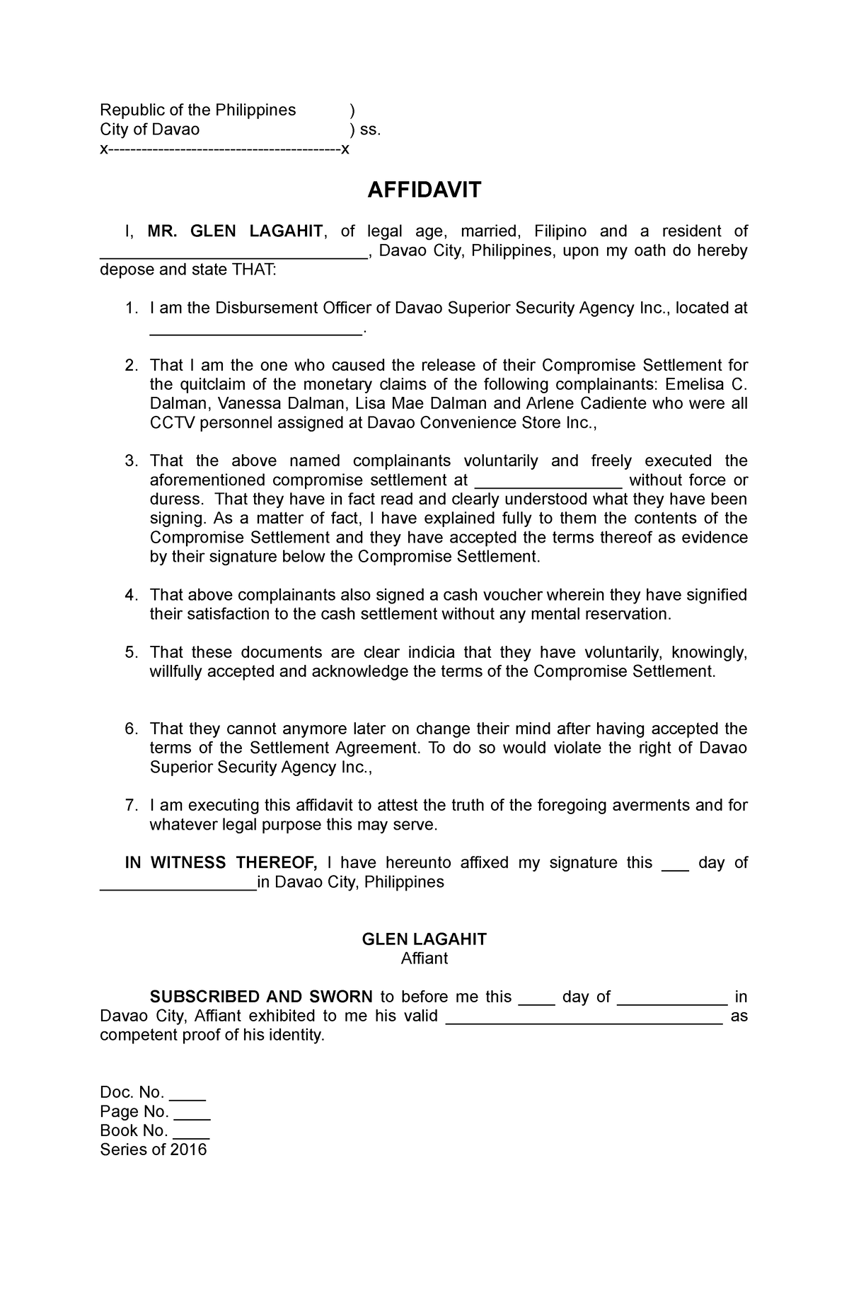 Affidavit Lagahit Republic Of The Philippines City Of Davao Ss X X Affidavit I Mr Glen 6610