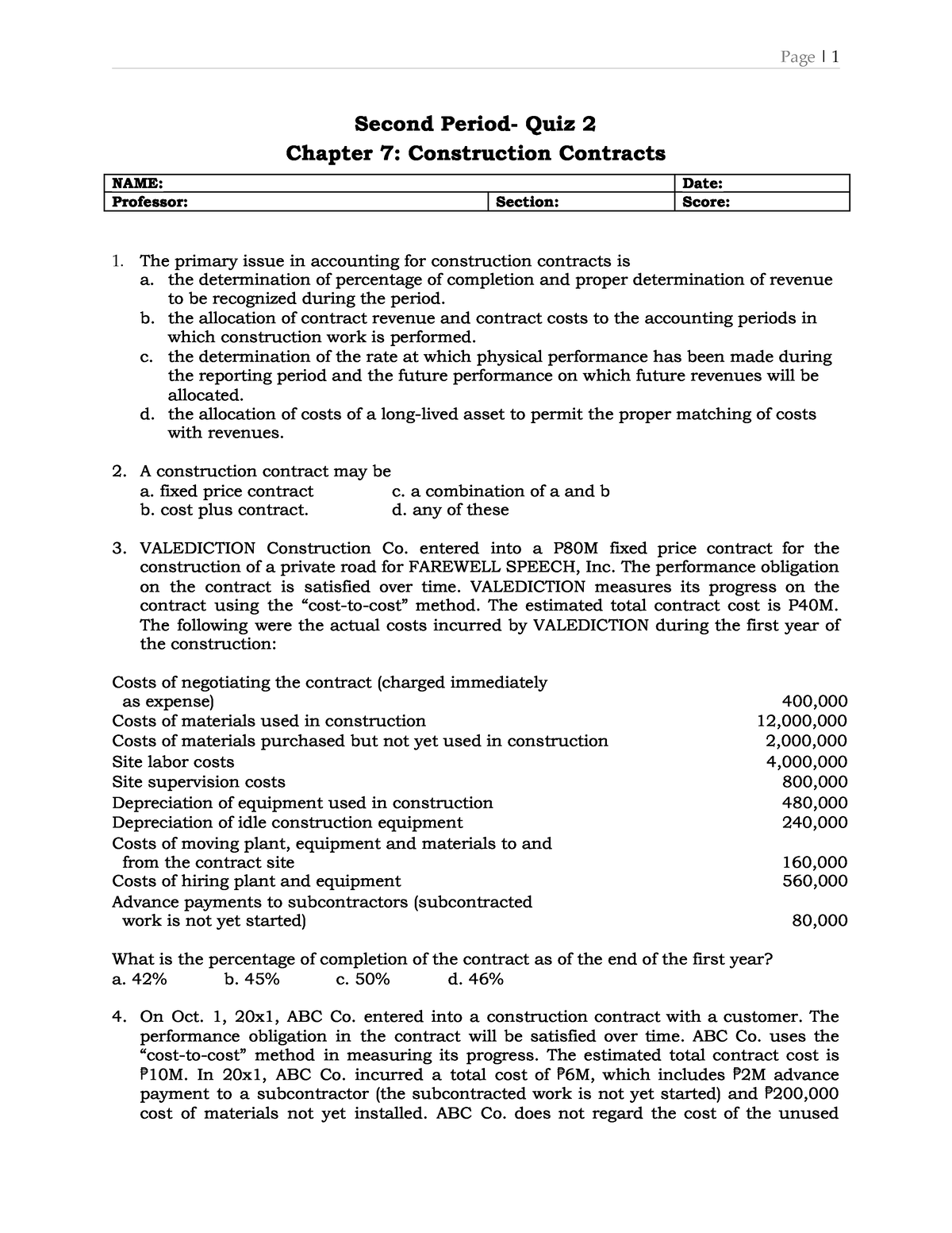 Construction Contract - Second Period- Quiz 2 Chapter 7: Construction ...