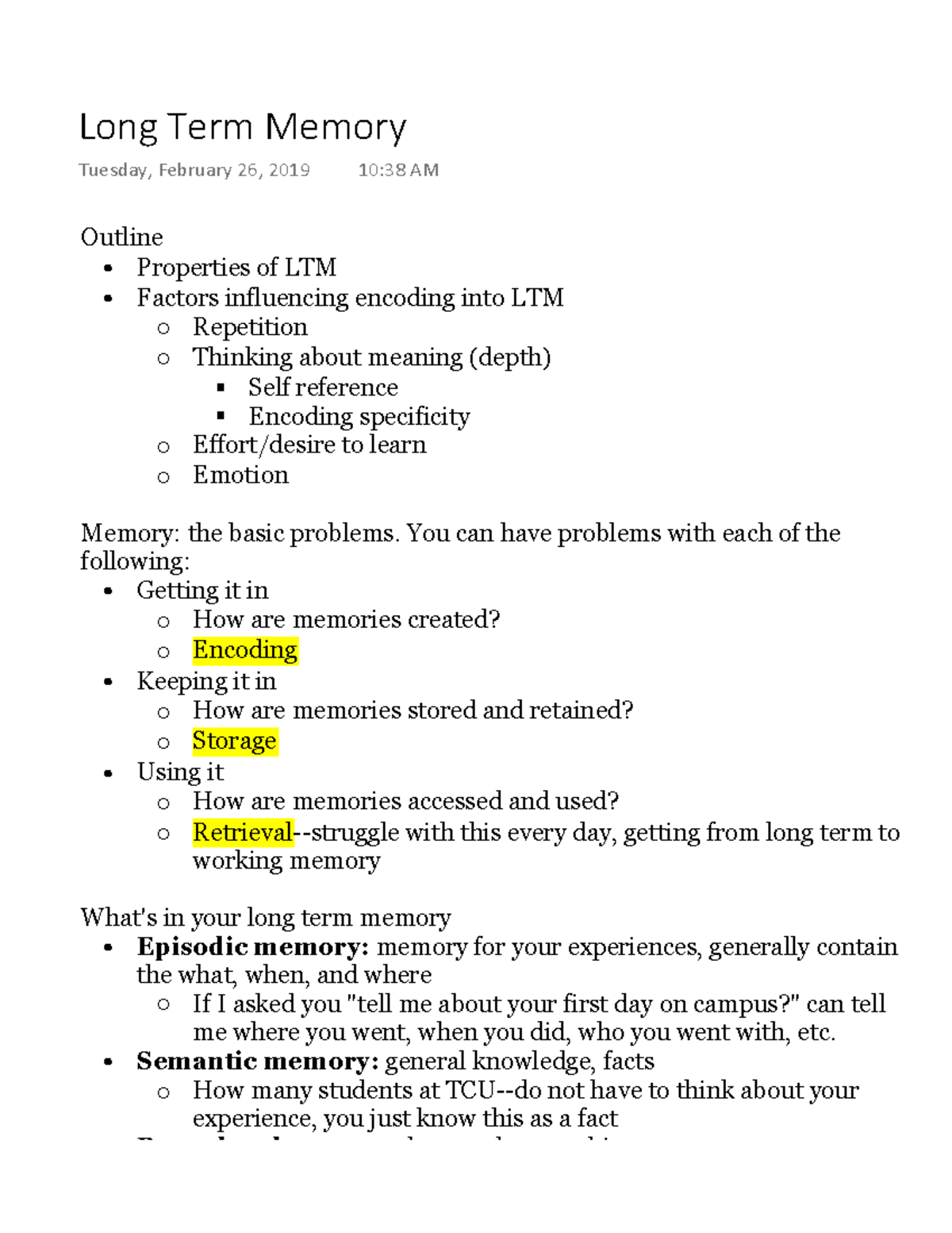 Long Term Memory - Lecture notes 8 - Warning: TT: undefined function ...