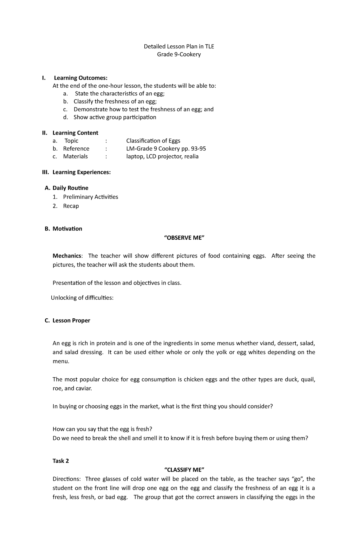 Cookery LP - Detailed Lesson Plan in TLE Grade 9-Cookery I. Learning ...