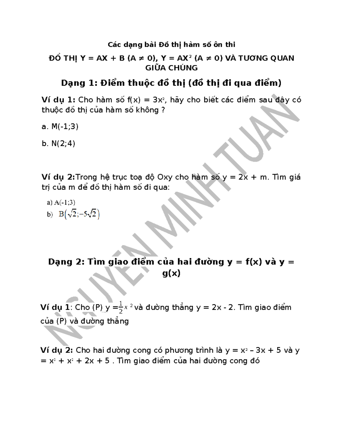 CAU1-2 - Các dạng bài Đồ thị hàm số ôn thi ĐỒ THỊ Y = AX + B (A ≠ 0), Y ...