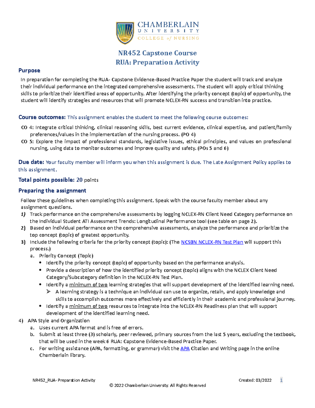 guidline and notes - NR452 Capstone Course RUA: Preparation Activity ...