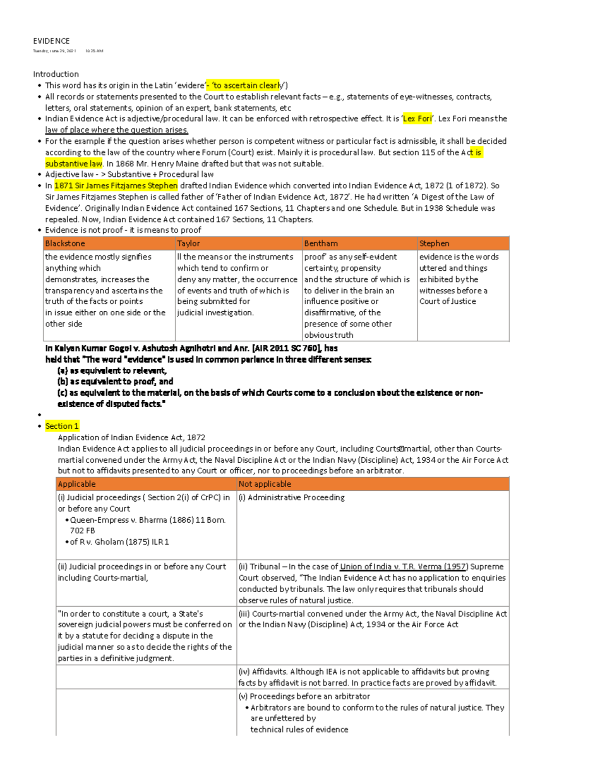 Evidence Short Note - EVIDENCE Tuesday, June 29, 2021 10:25 AM ...
