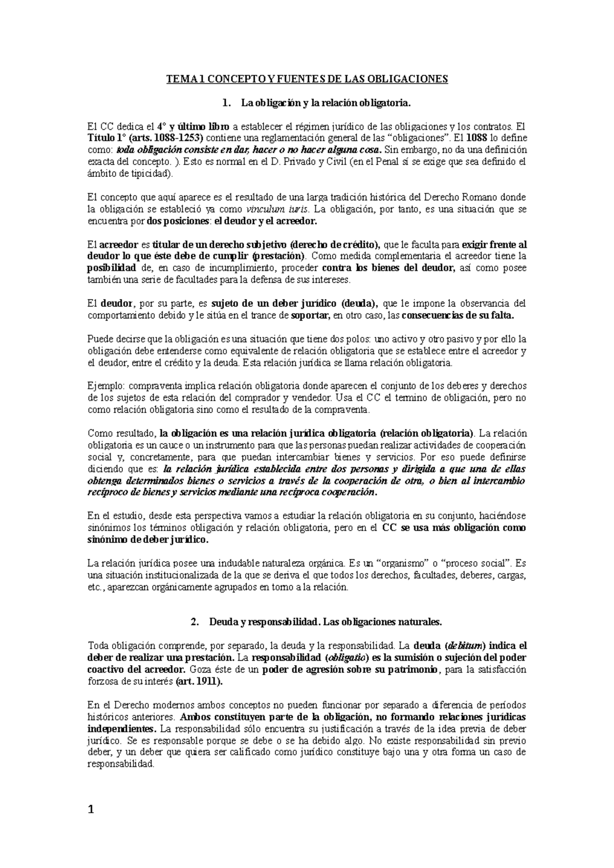 Derecho de bligaciones tema 1 - TEMA 1 CONCEPTO Y FUENTES DE LAS ...