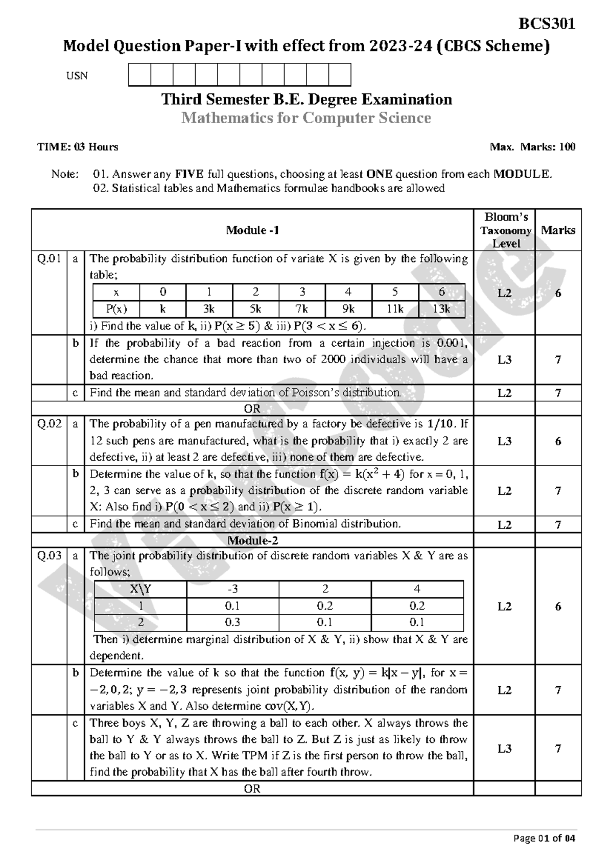 math model paper 1 - Model Question Paper-I with effect from 2023 - 24 ...