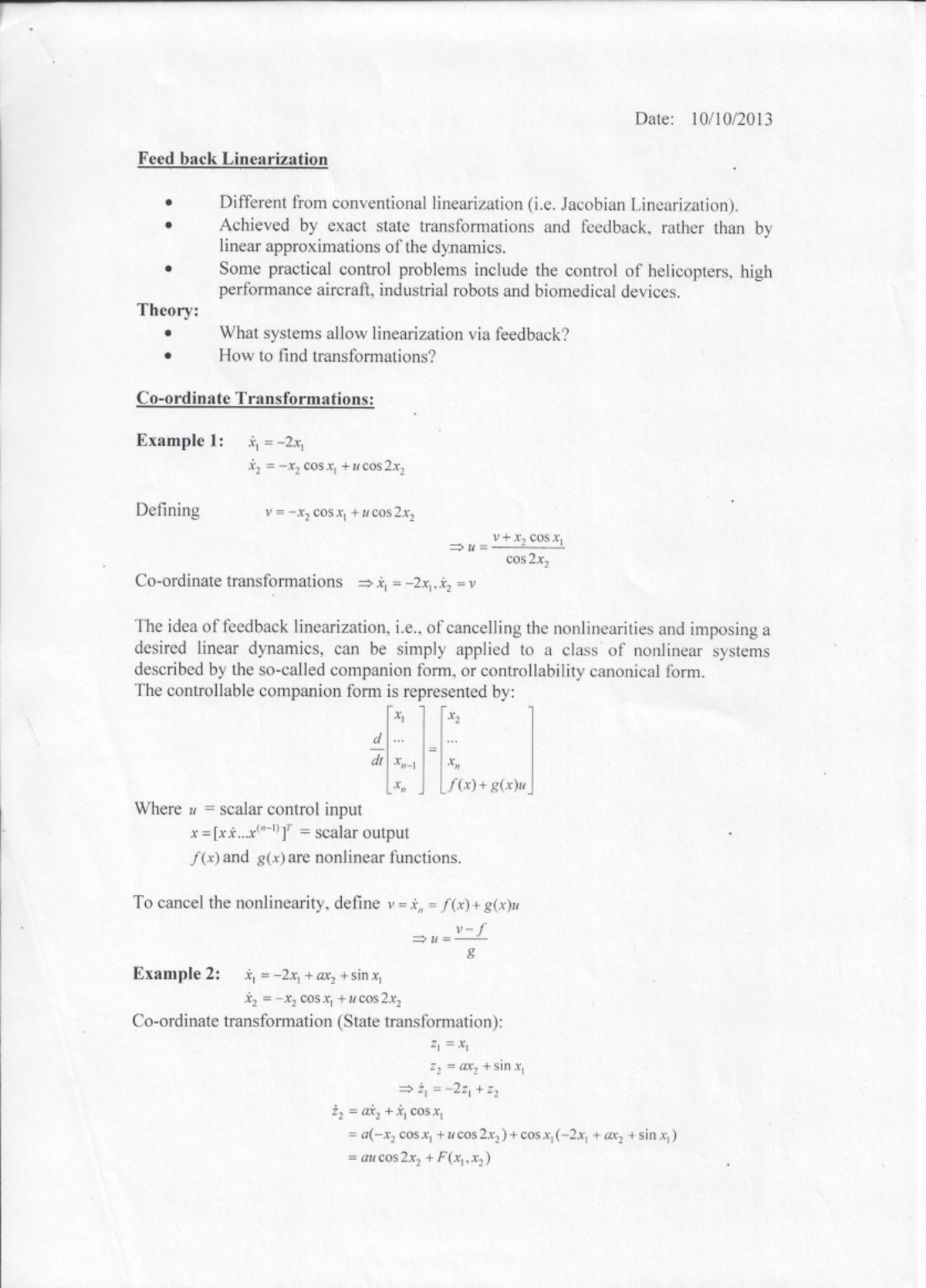 Lec Feed Lin Nonlinear Systems Studocu