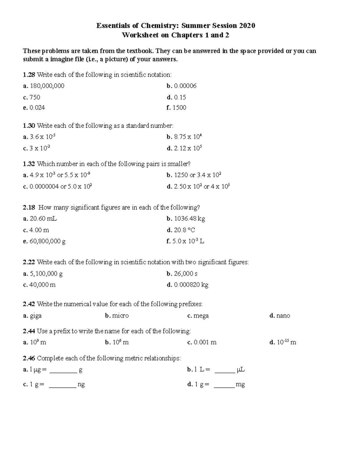 Chemistry 095 Chapter 20 Worksheet Practice - Essentials of Chemistry ...