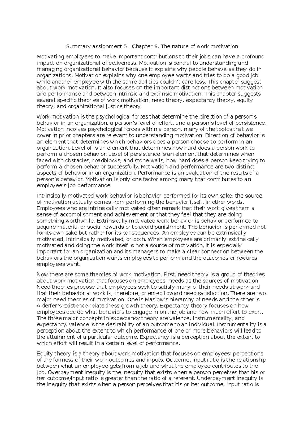 Chapter 6 summary - Understanding and Managing Organizational Behavior ...