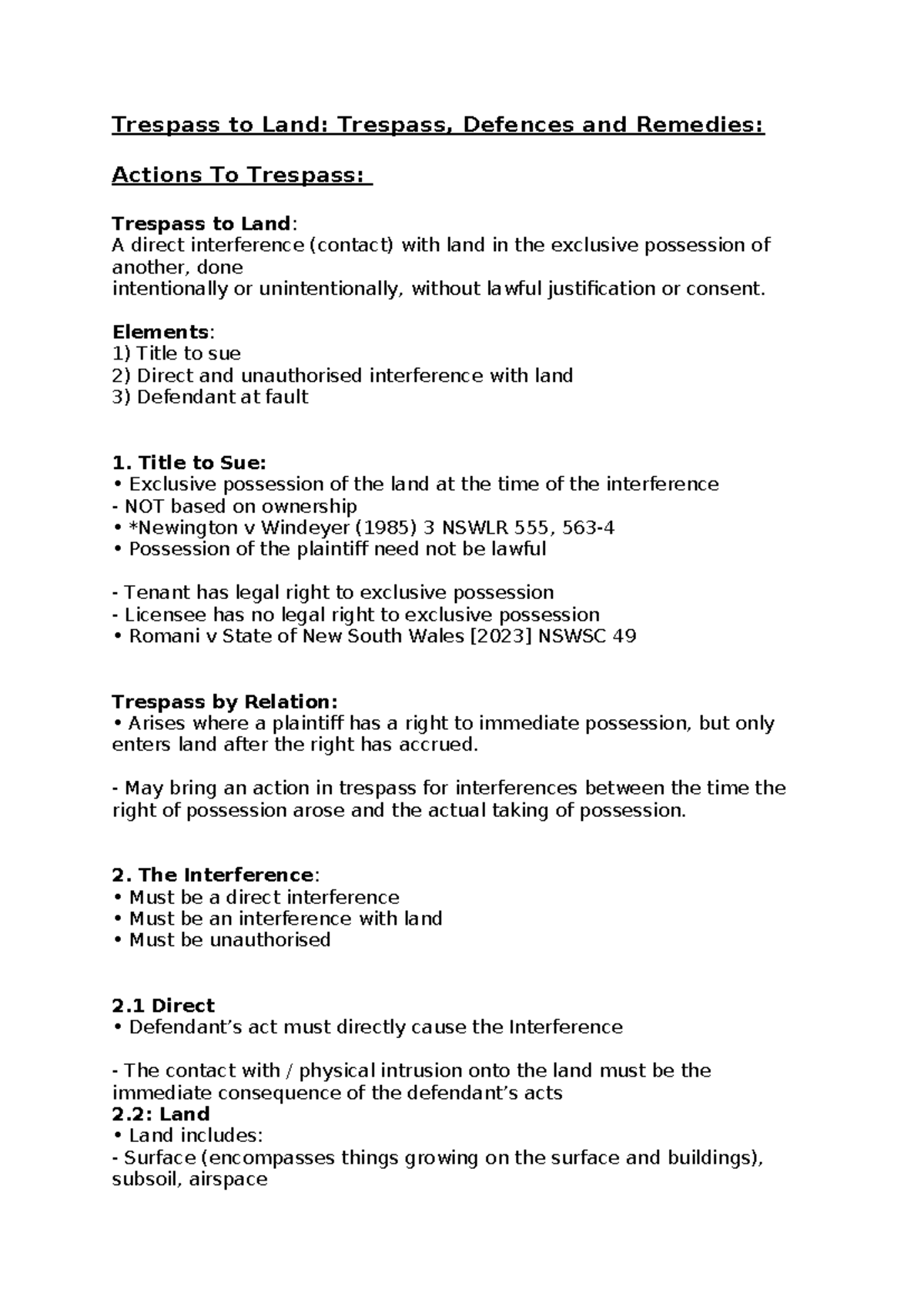 Torts Lecture WK 2 - Trespass to Land: Trespass, Defences and Remedies ...