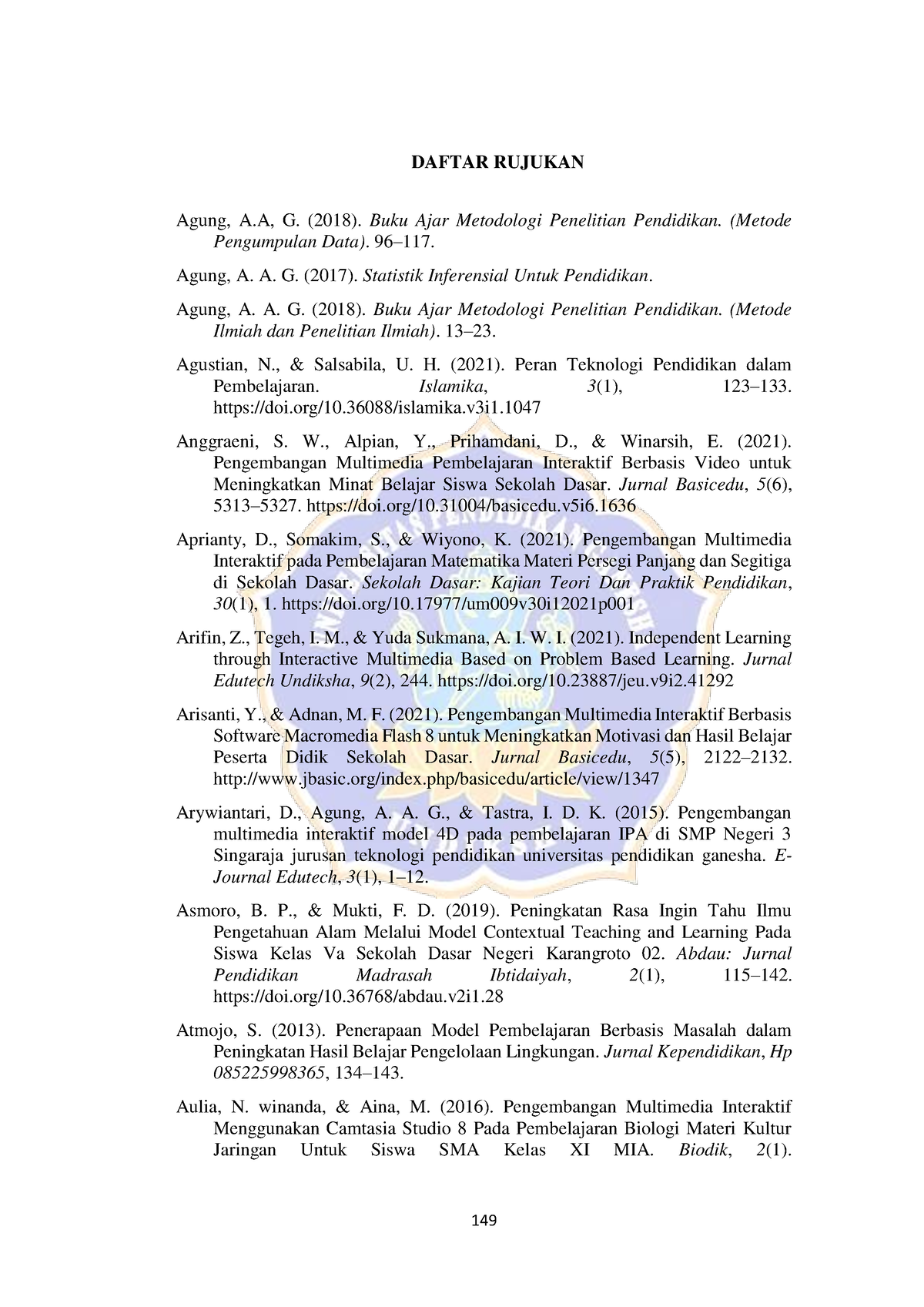 Daftar Pustaka Daftar Rujukan Agung A G Buku Ajar Metodologi