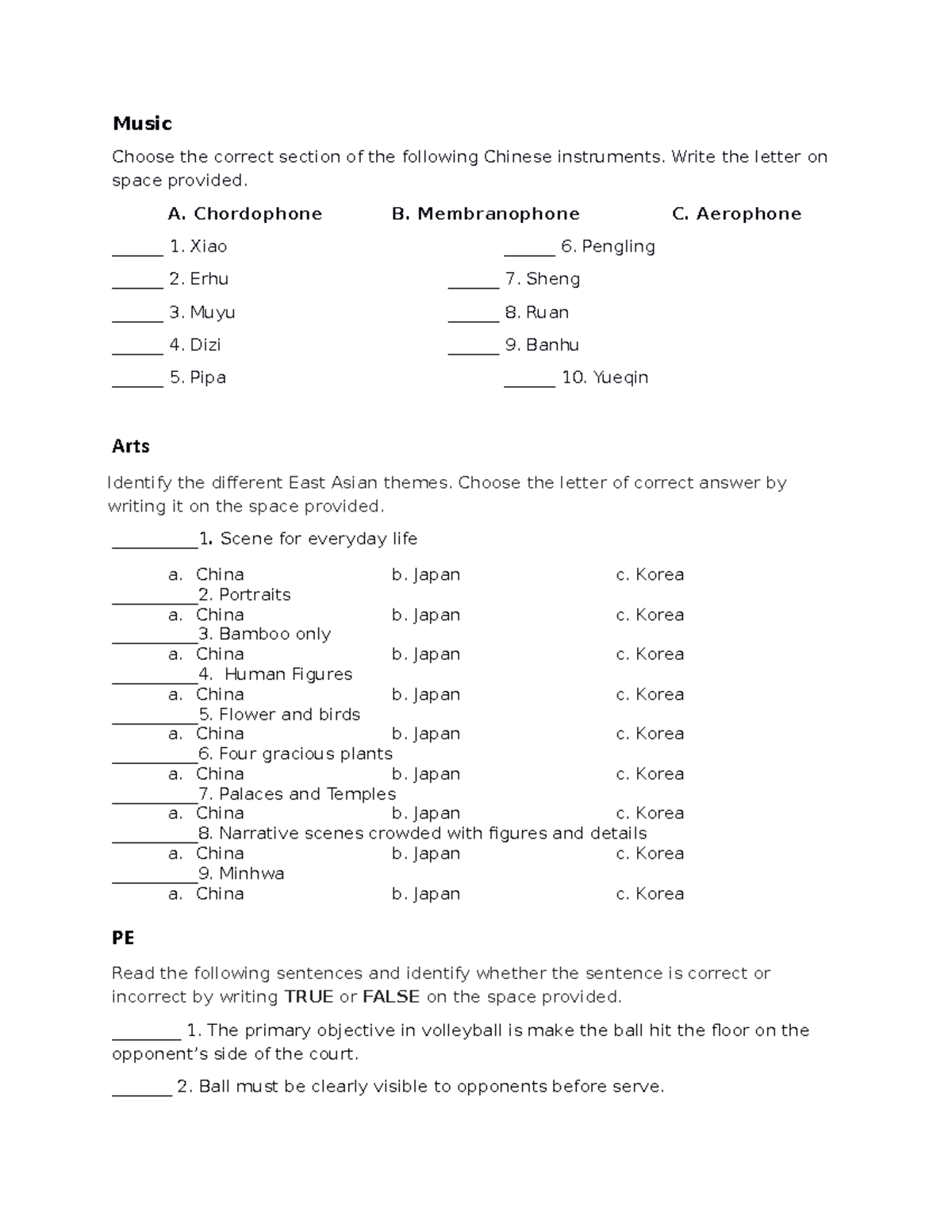 Music 1 - Music Choose the correct section of the following Chinese ...