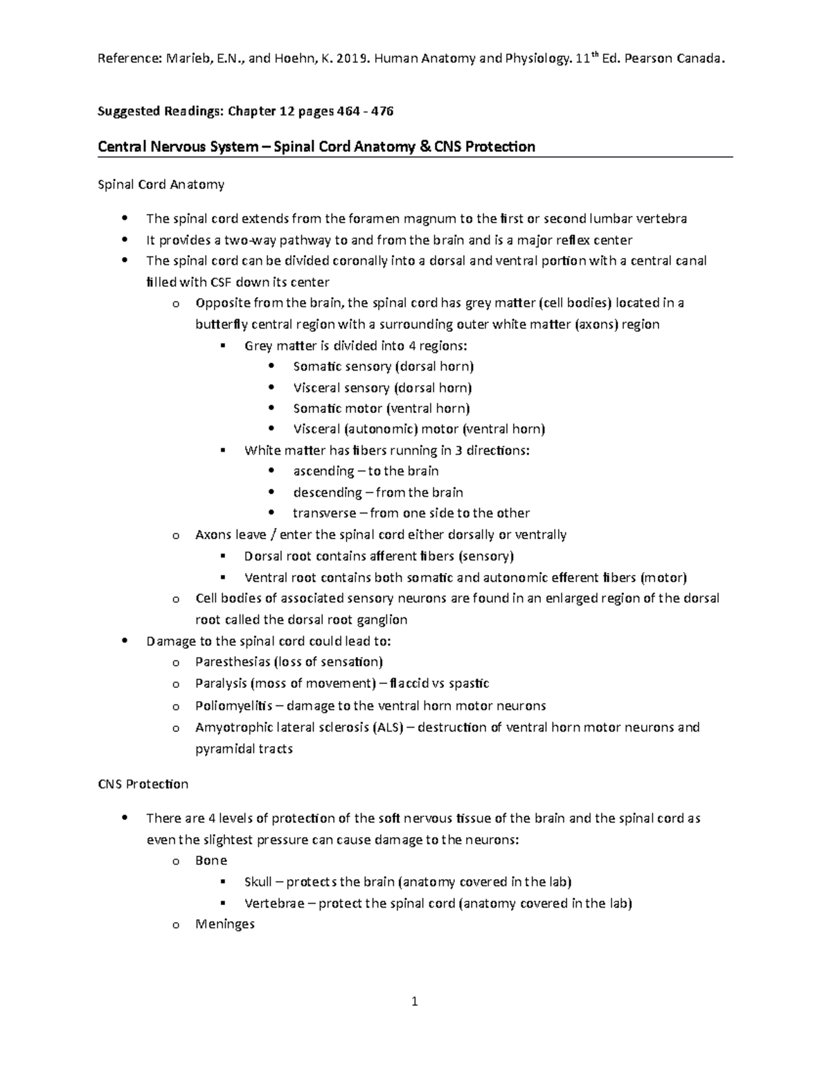 CNS Spinal Cord Anatomy and CNS Protection Reference Marieb, E