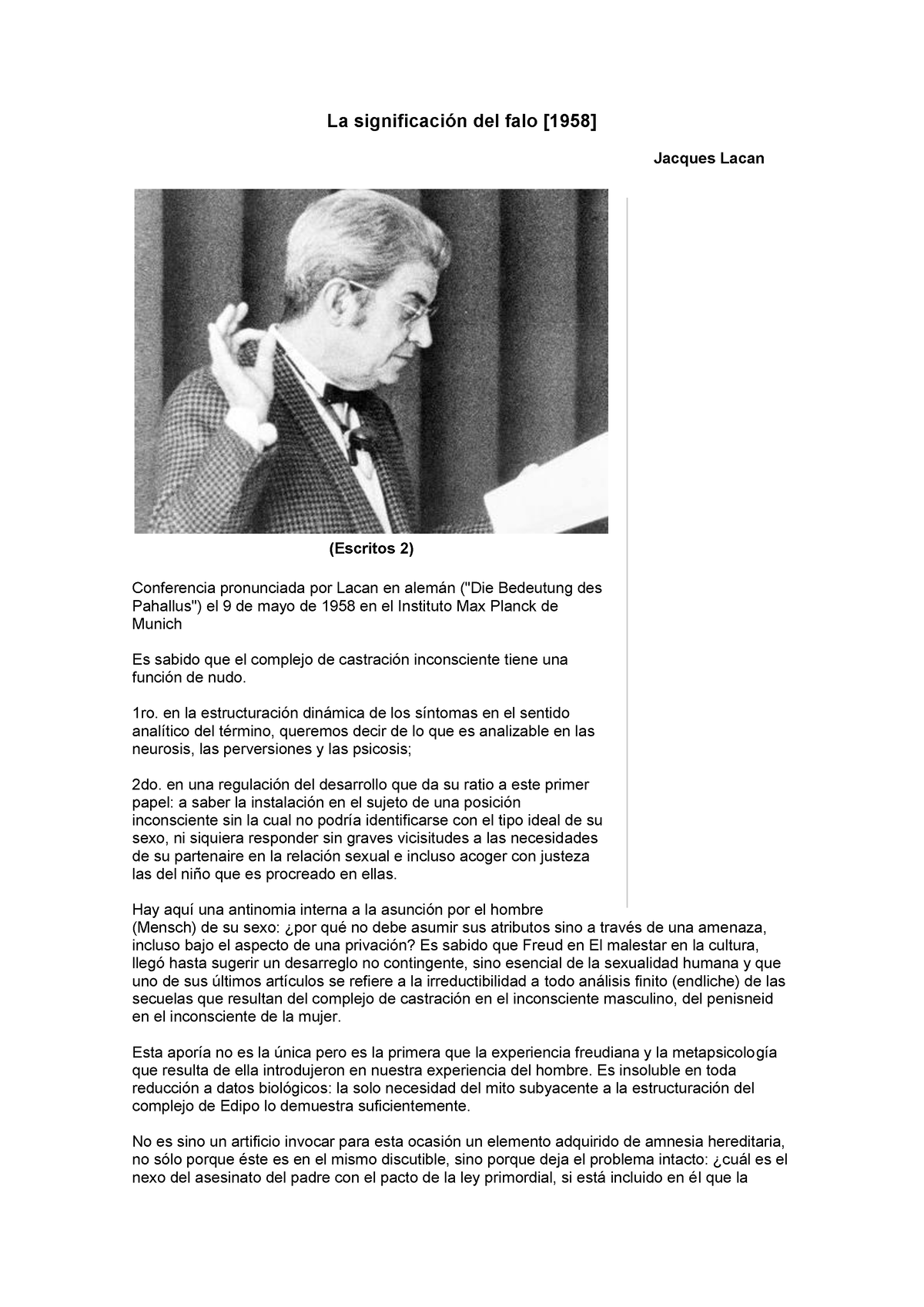 La significación del falo - La significación del falo [1958] Jacques Lacan  (Escritos 2) Conferencia - Studocu