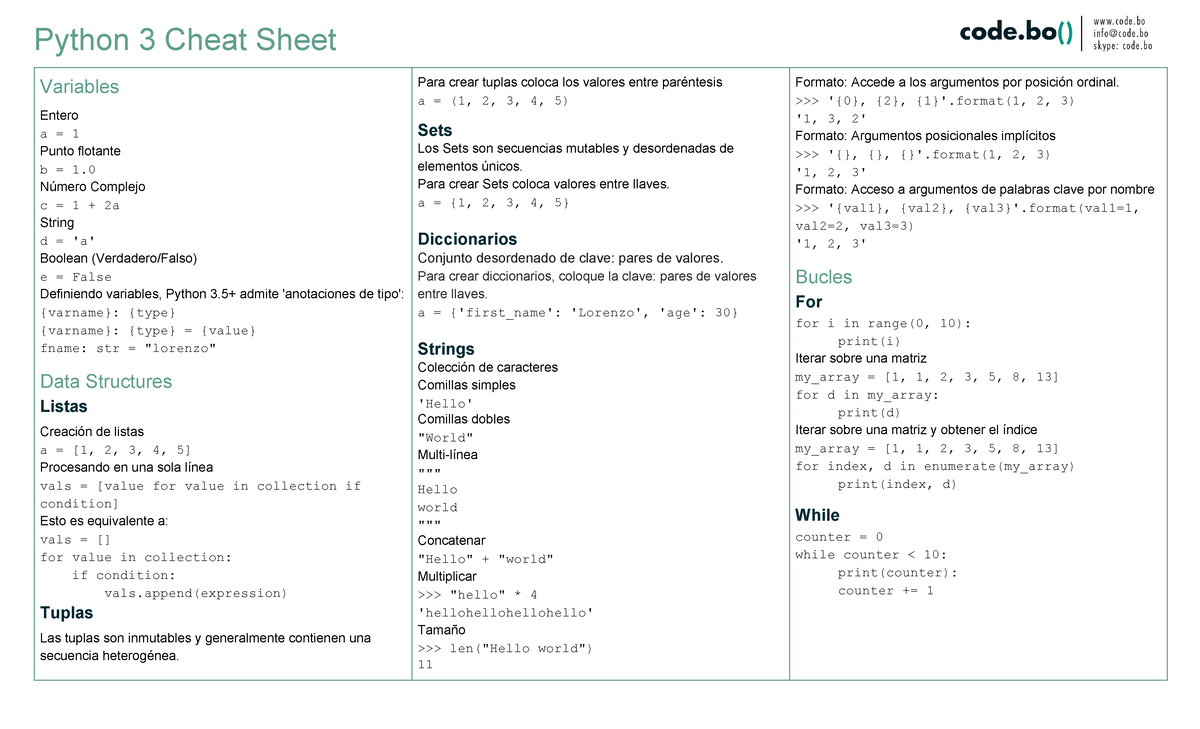 Python 3 Cheat sheet espanol hk Z8V7S - Python 3 Cheat Sheet Variables ...