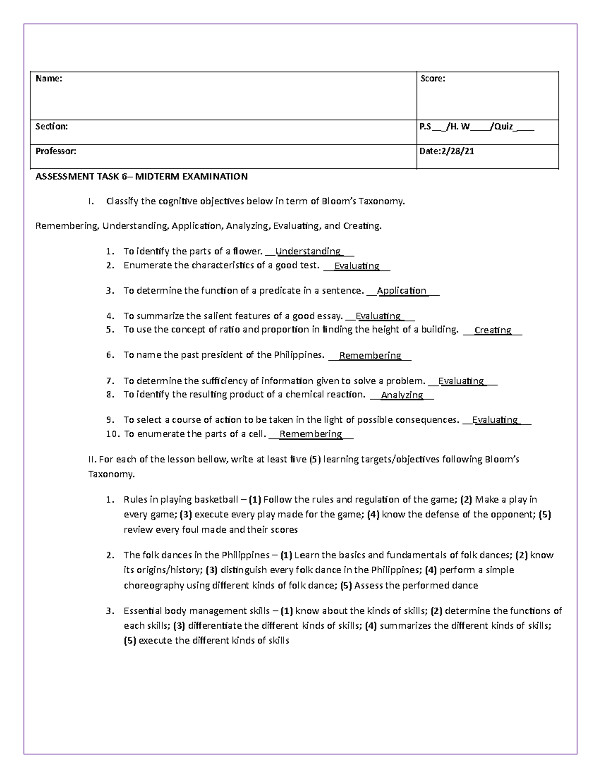 Assessment In Learning 5 - Name: Score: Section: P /H. W /Quiz ...