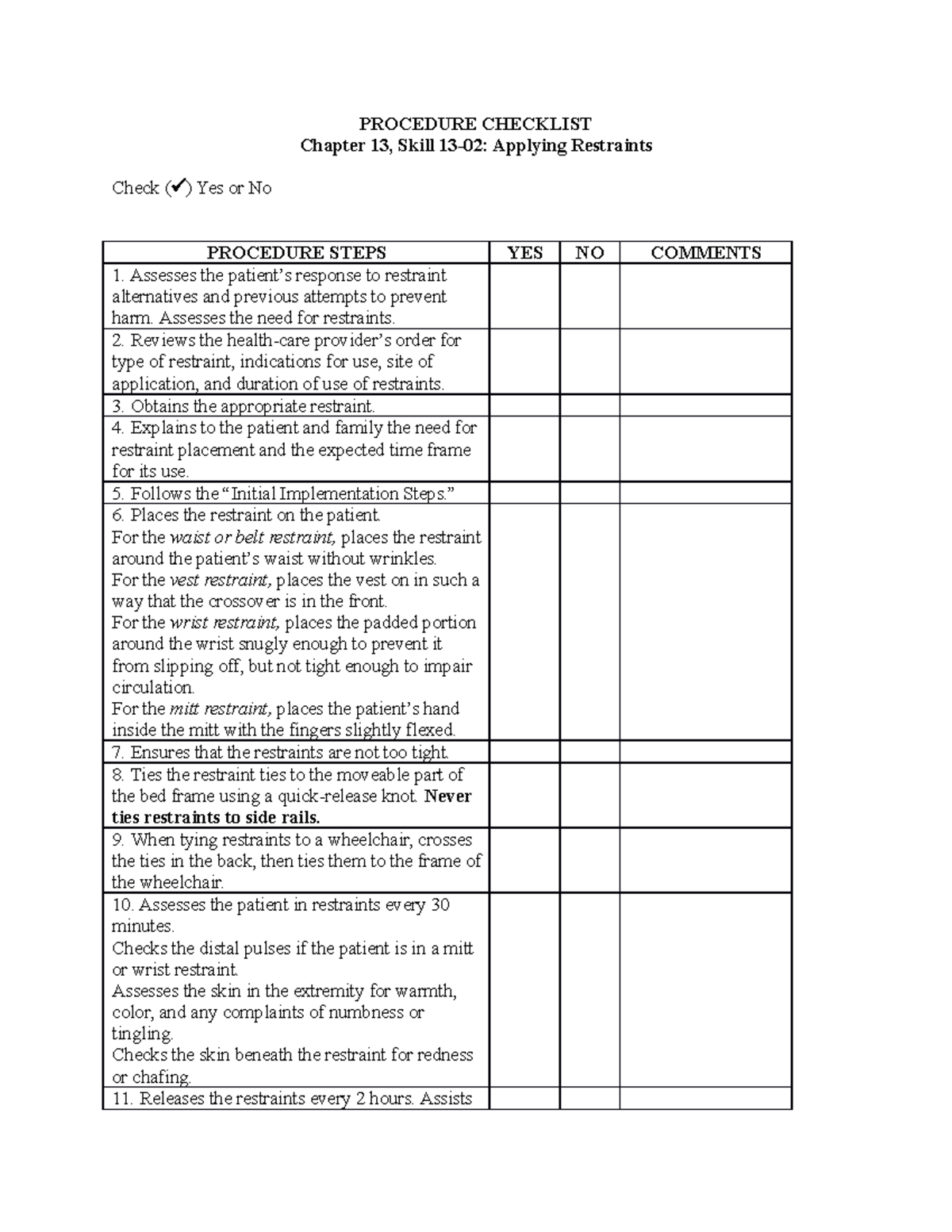 Skill 13-02 Applying Restraints - Procedure Checklist Chapter 13, Skill 