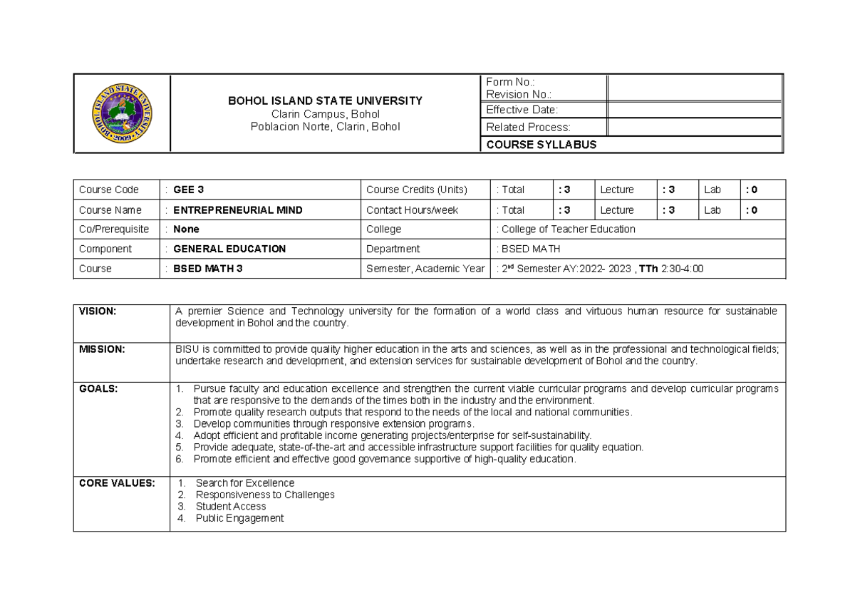 Entrepreneurial MIND Syllabus - BOHOL ISLAND STATE UNIVERSITY Clarin ...