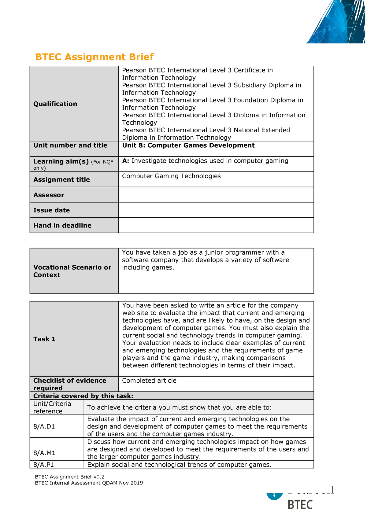 Unit 8 Computer Games Development Learning Aim A - BTEC Assignment ...