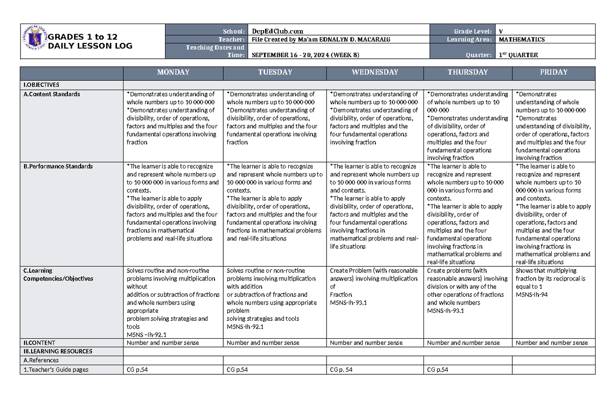 DLL Mathematics 5 Q1 W8 - lesson log - GRADES 1 to 12 DAILY LESSON LOG ...