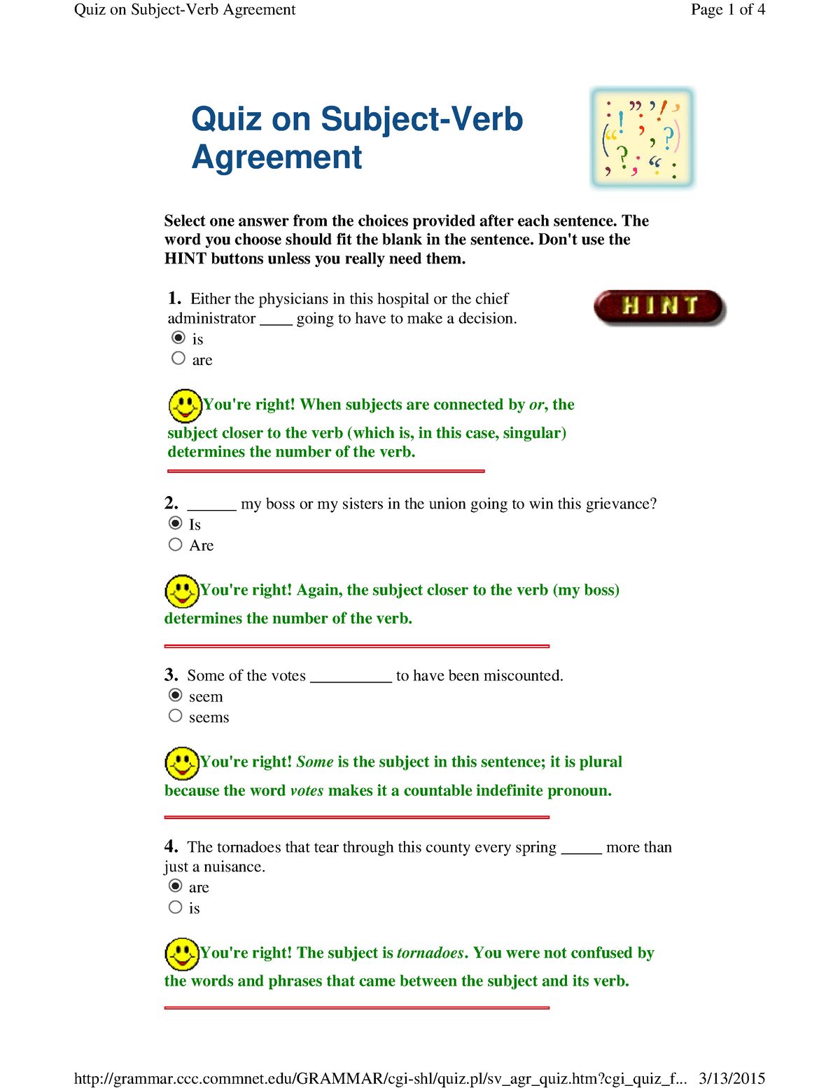 Quiz 1 - Quiz On Subject-Verb Agreement Select One Answer From The ...