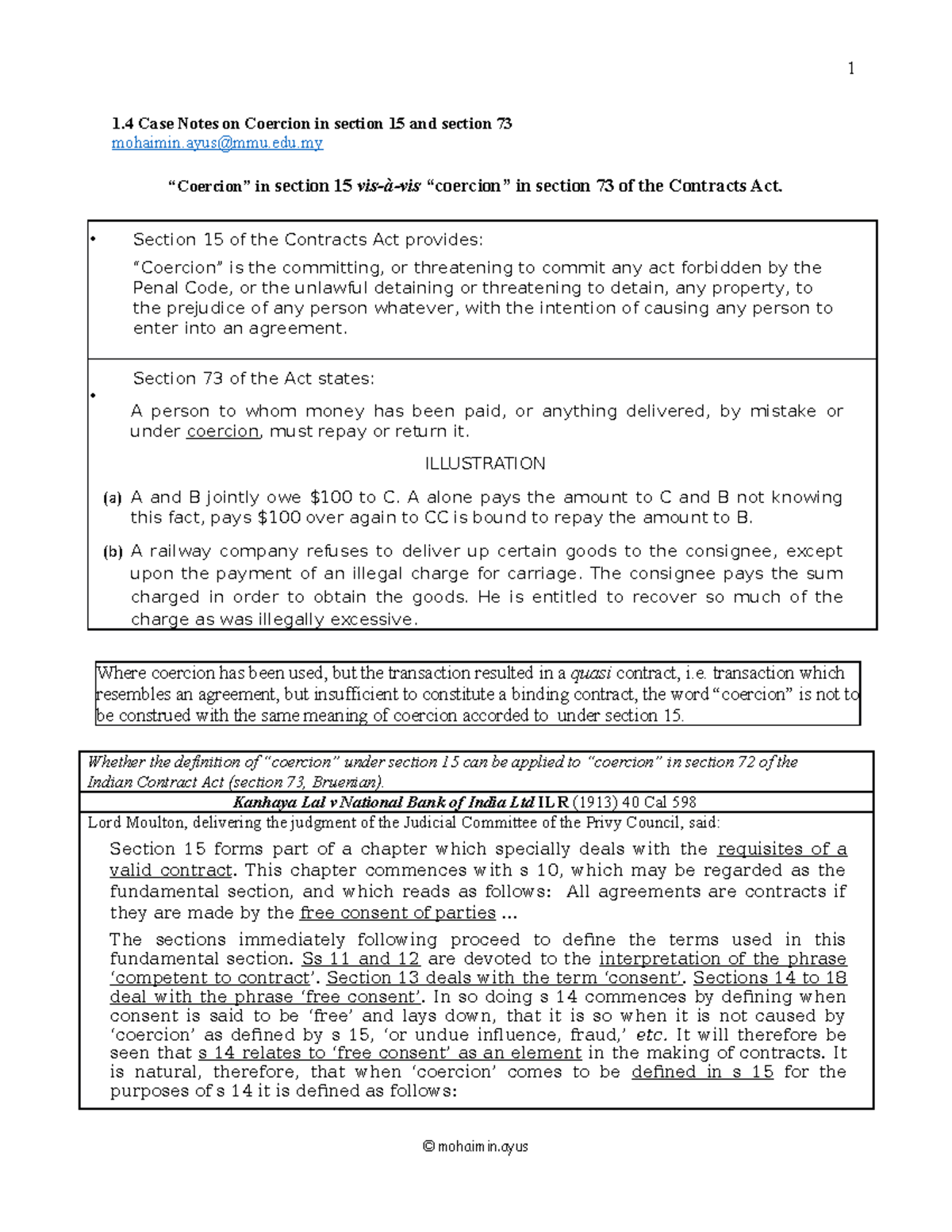 1.4 Case Notes on Coercion in section 15 and section 73 1 Case Notes