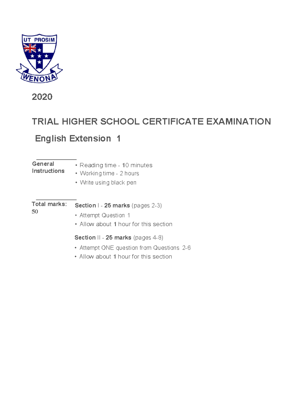 Wenona EX1 trials 2020 TRIAL HIGHER SCHOOL CERTIFICATE EXAMINATION