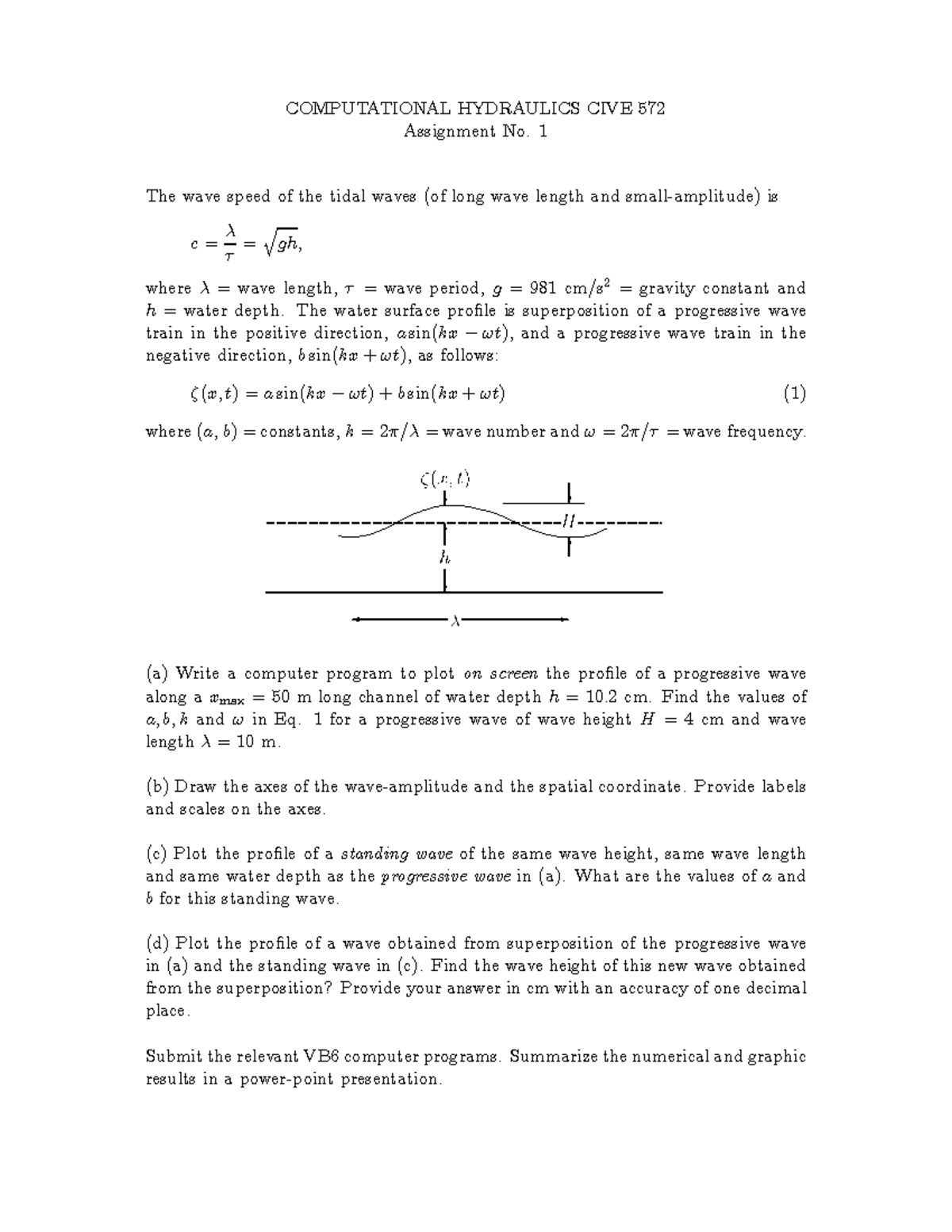 A1 assignment COMPUTATIONAL HYDRAULICS CIVE 572 Assignment No. 1