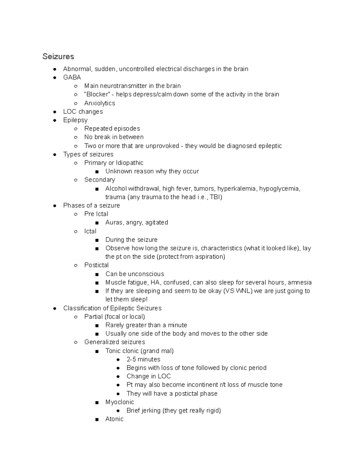 NUR 211 Seizures - Google Docs - Seizures Abnormal, sudden ...