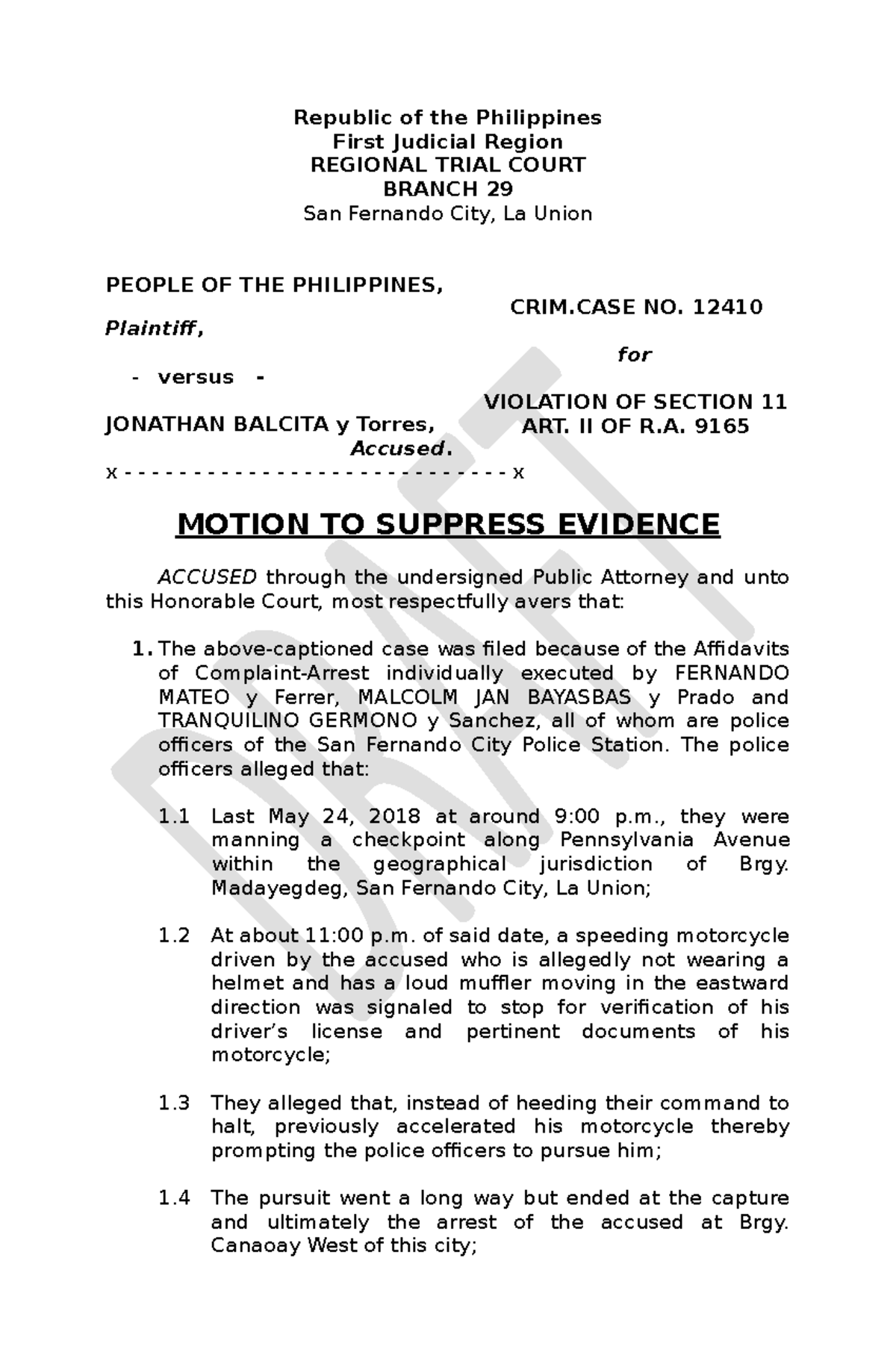 Motion to Suppress Evidence Jonathan Balcita - Republic of the ...