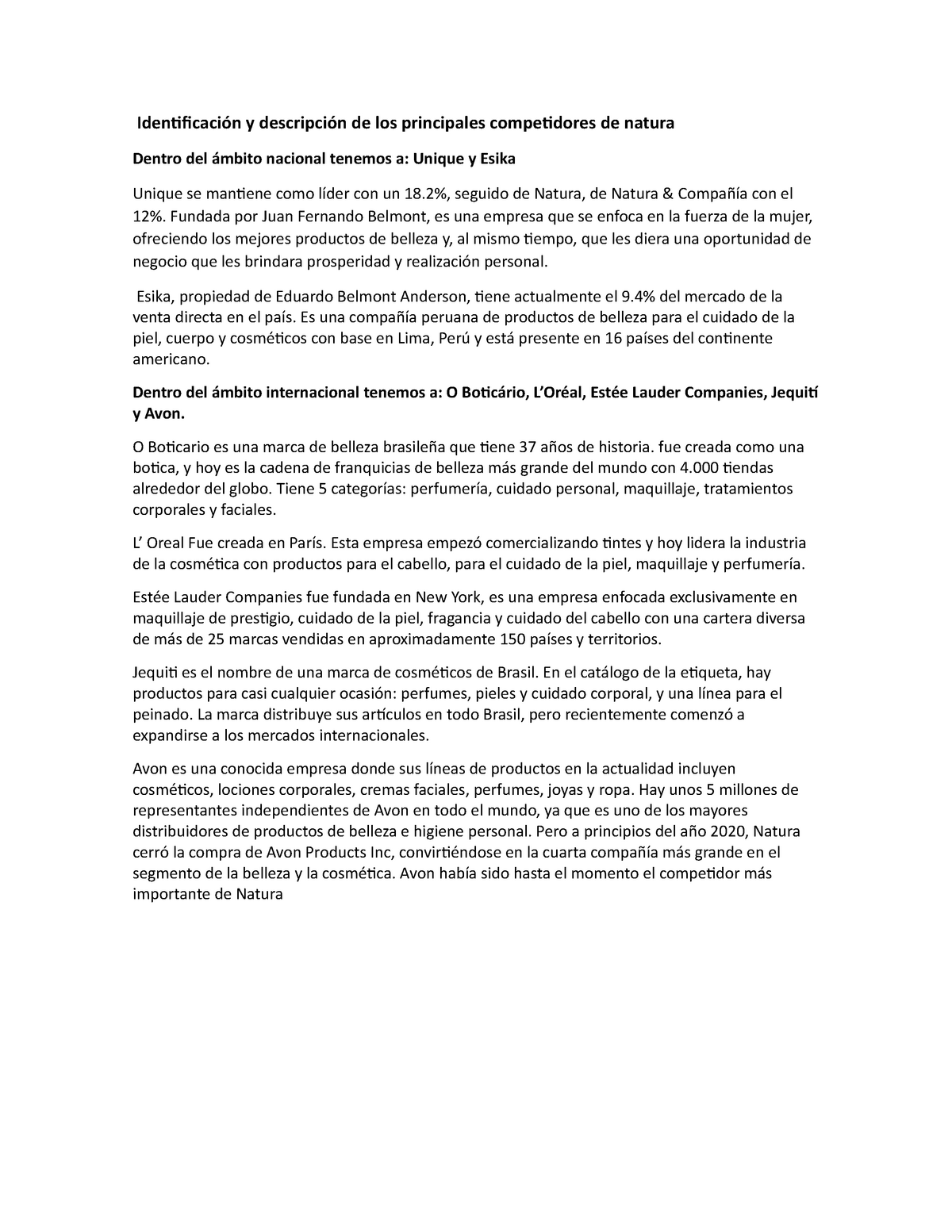 Identificación y descripción de los principales competidores de natura -  gestion empresarial - Studocu