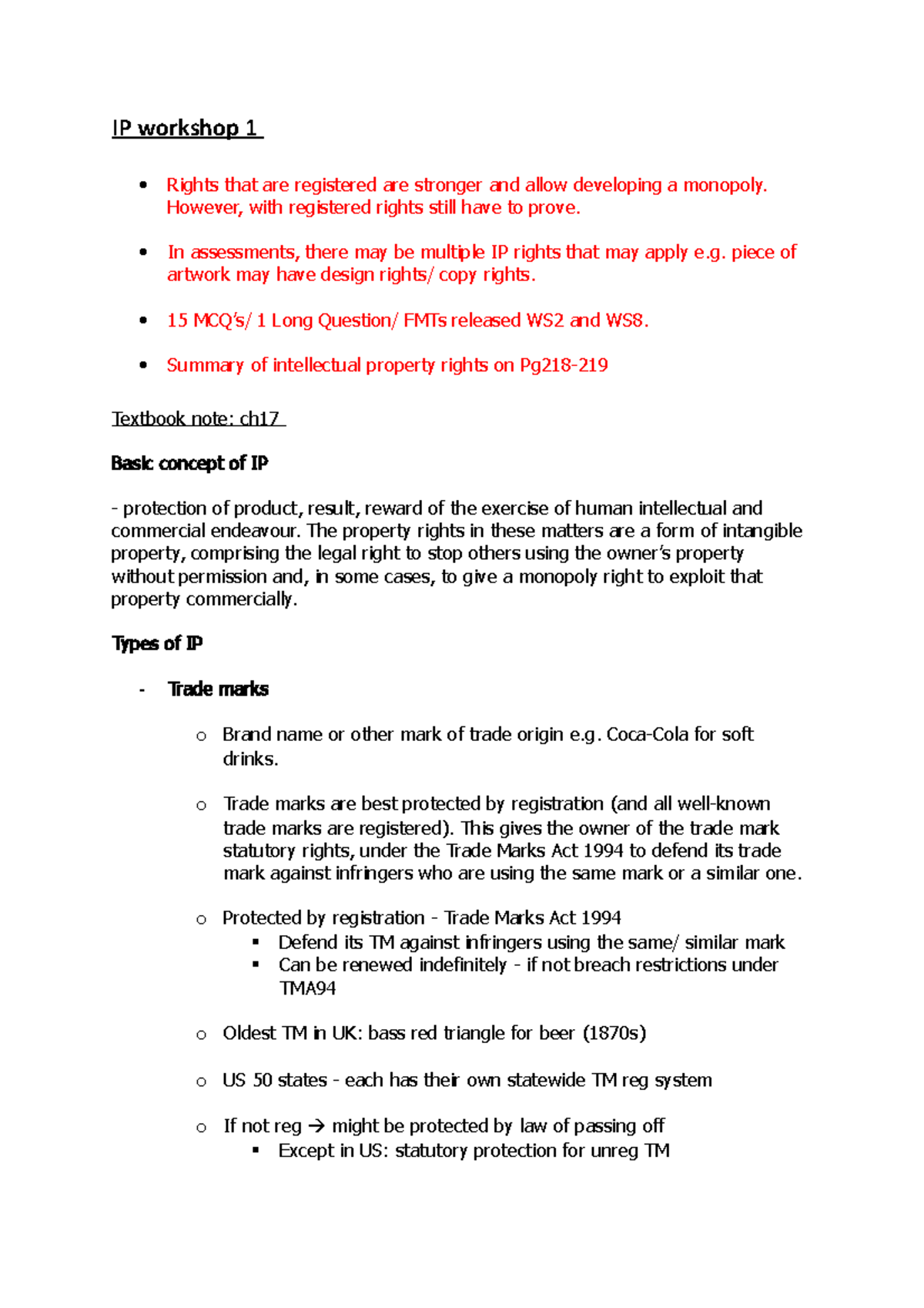 IP workshop 1 - Lecture notes 1 - IP workshop 1 Rights that are ...