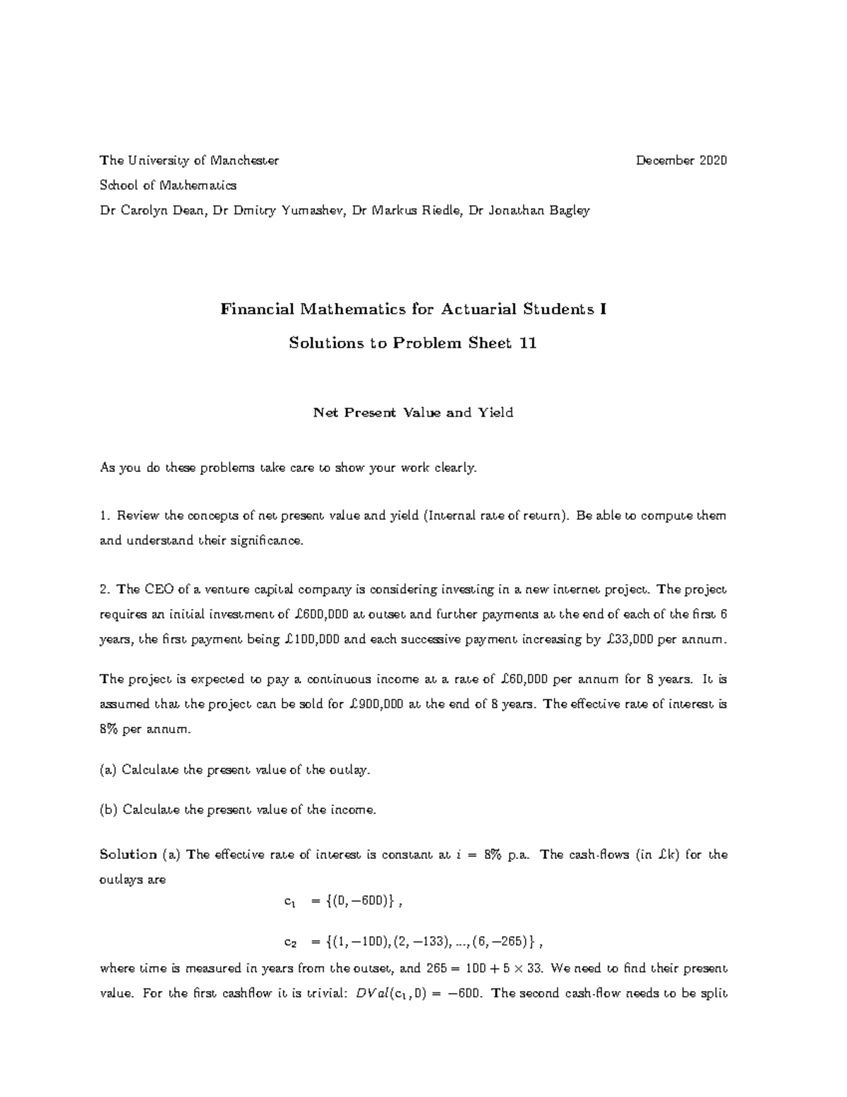 2020Solutions 11 - Solution the problem sheet 11 for actuarial science ...