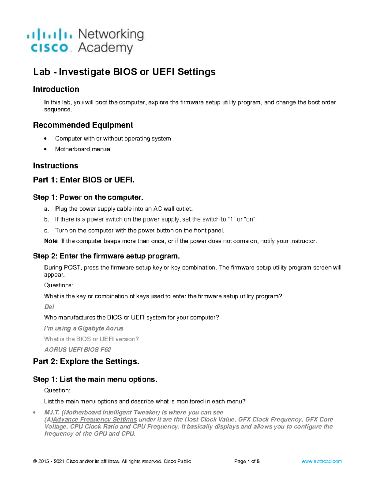 Assignment 1.2 Investigate BIOS or UEFI Settings - Introduction In this ...