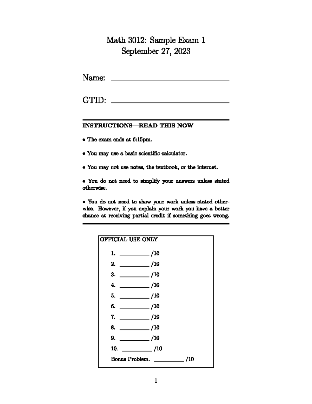 Solution for smaple test - MATH 3012 - Studocu