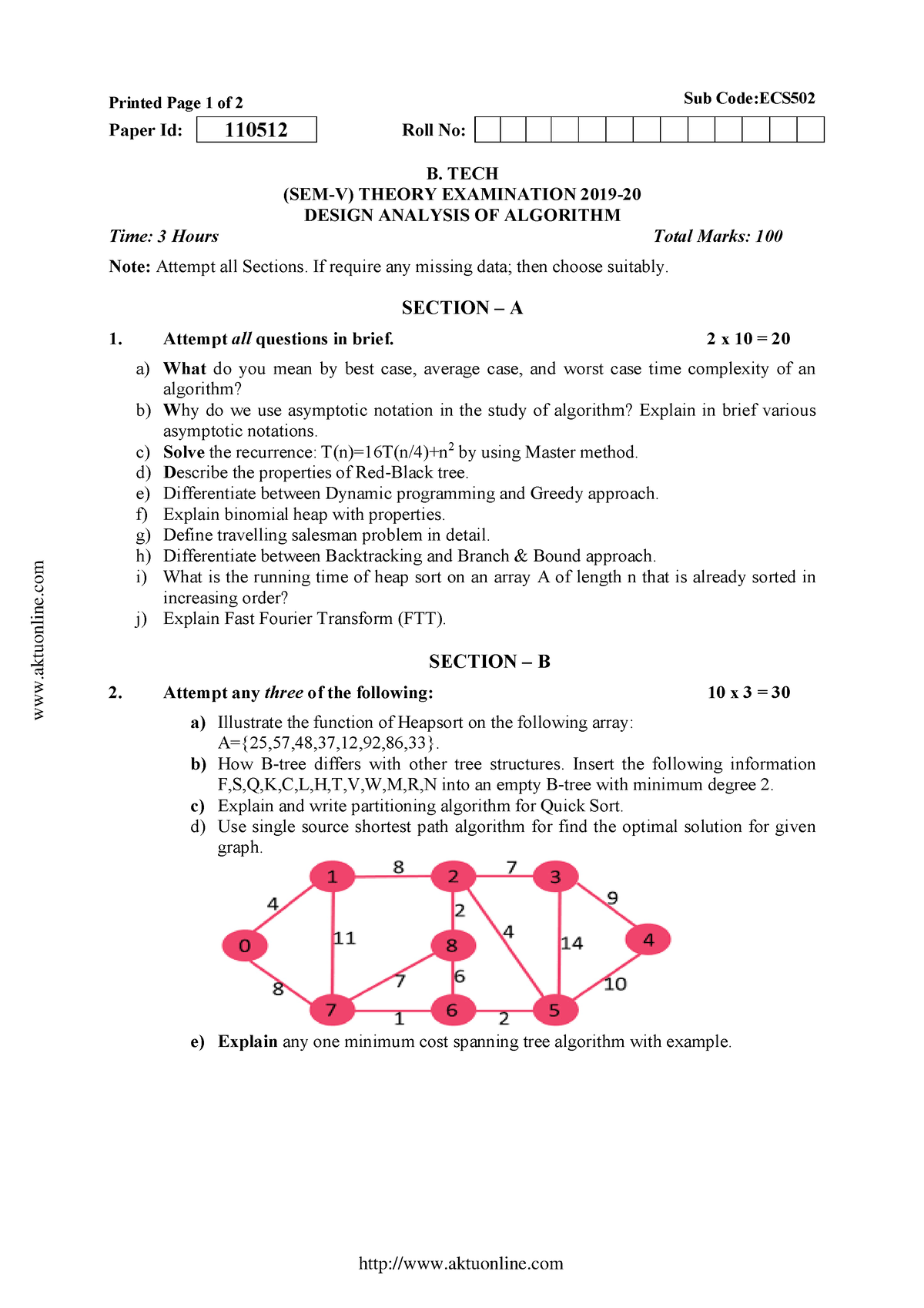 Btech Cs 5 Sem Design Analysis Of Algorithm Ecs502 2020 - Printed Page ...