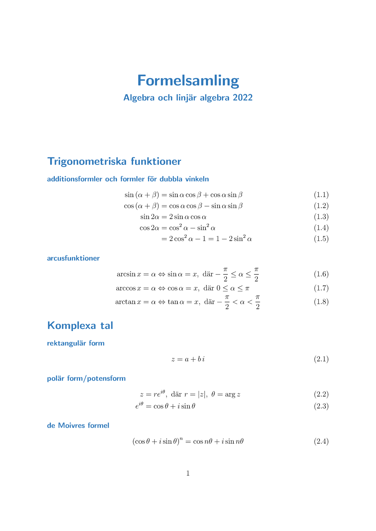 Formelsamling MA 401Gdel1HT2022 - Formelsamling Algebra Och Linj ̈ar ...